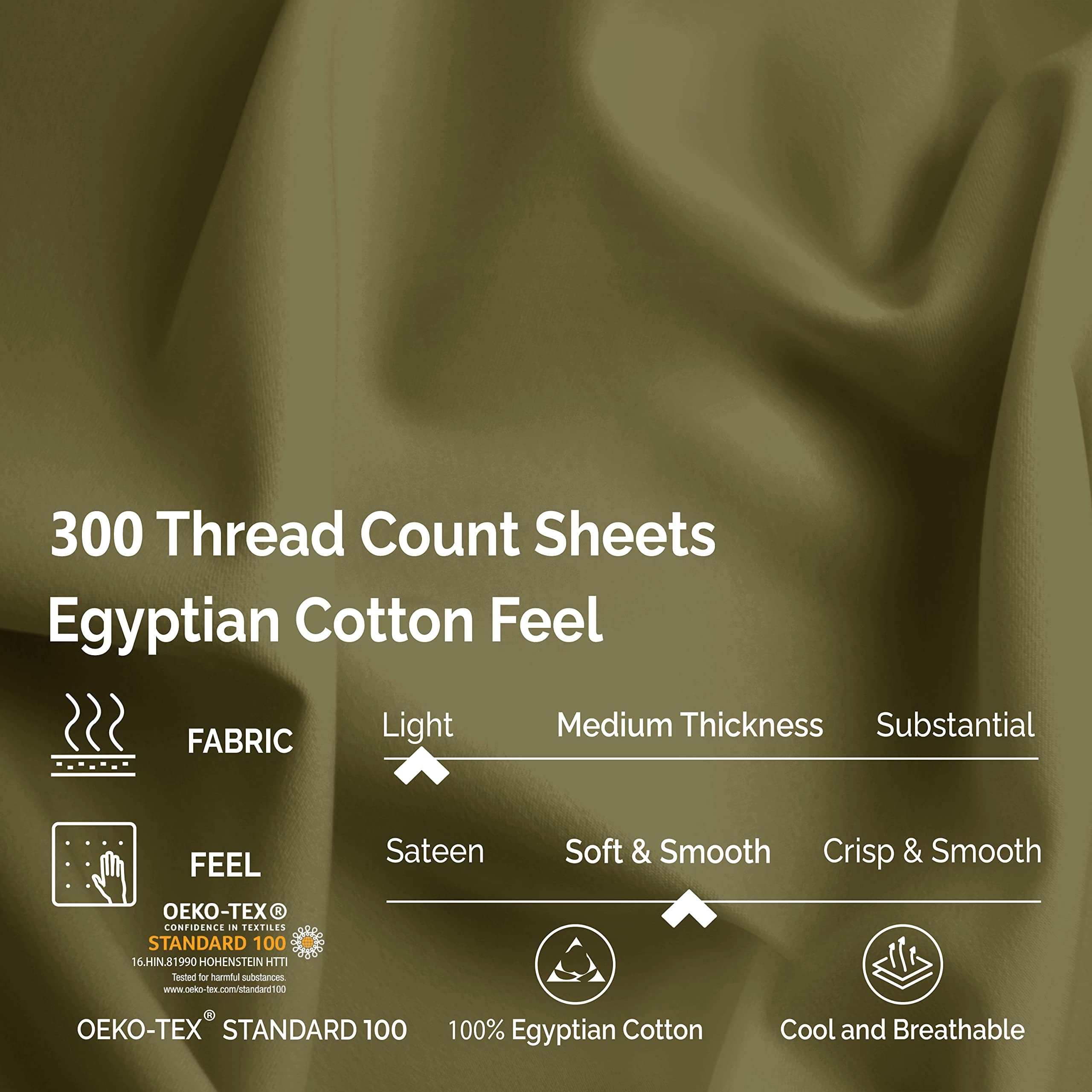 Superior Egyptian Cotton 300 Thread Count Bed Sheet Set, 1 Elastic Deep Pocket Fitted Sheets, 1 Flat Sheet, 1 Pillowcases, Soft Bedding, Luxury Sheets, Sateen Weave, Twin, Sage