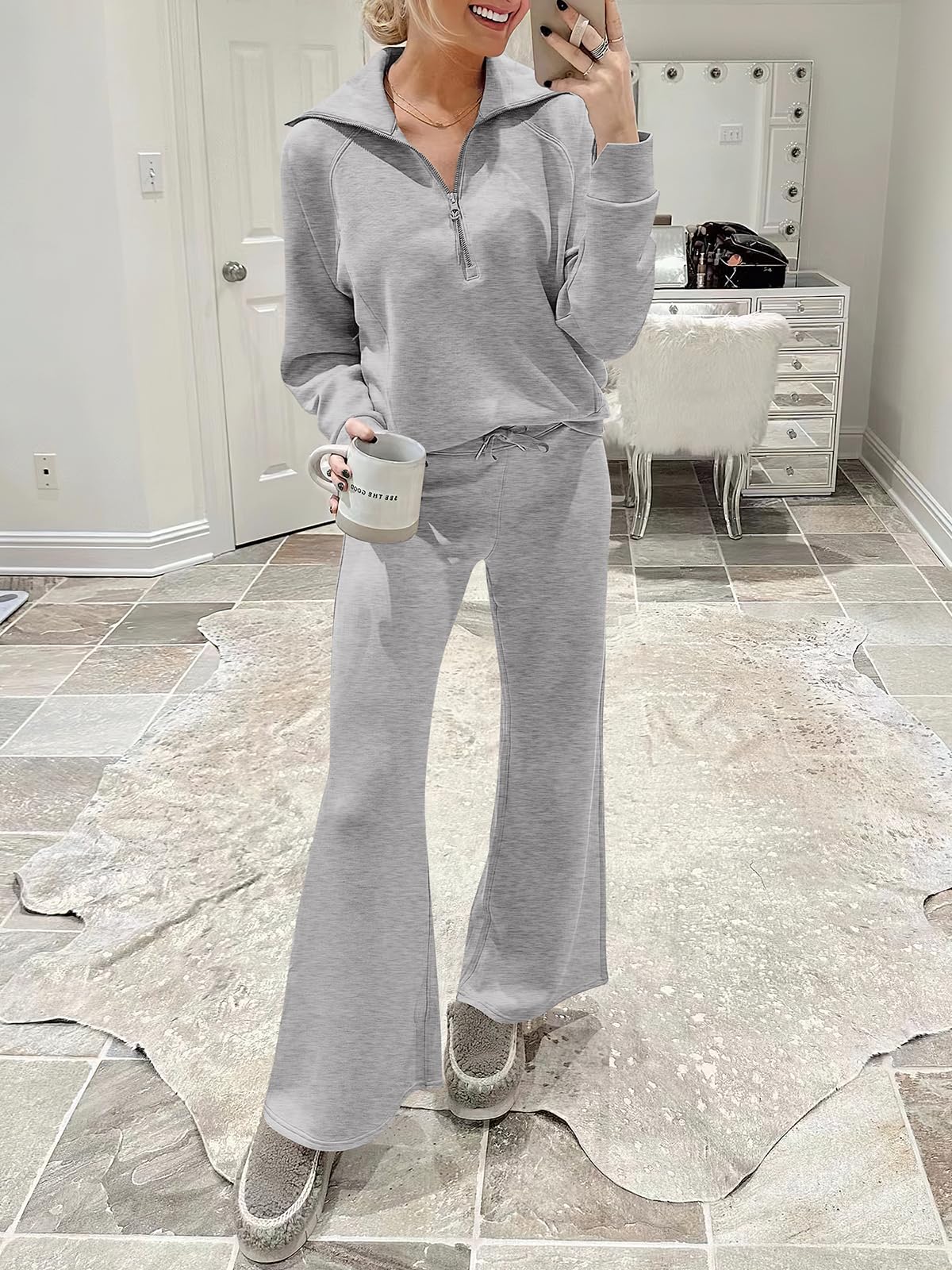 ANRABESS Women 2 Piece Outfits Sweatsuit Oversized Sweatshirt Sweatpants Tracksuit Sweat Lounge Matching Set 2024 Fall Trendy Light Grey X-Large