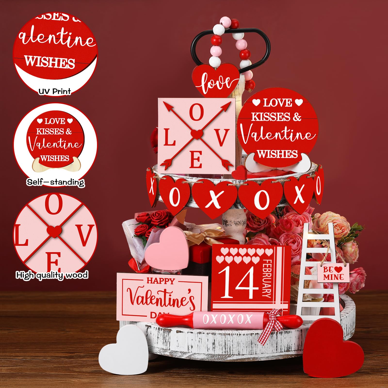 Spiareal 15 Pcs Valentine's Day Tiered Tray Decor Set Red Heart Wooden Signs Valentines Table Decorations Farmhouse Decorative Trays Signs for Home Kitchen Tabletop Valentine's Day Decorations