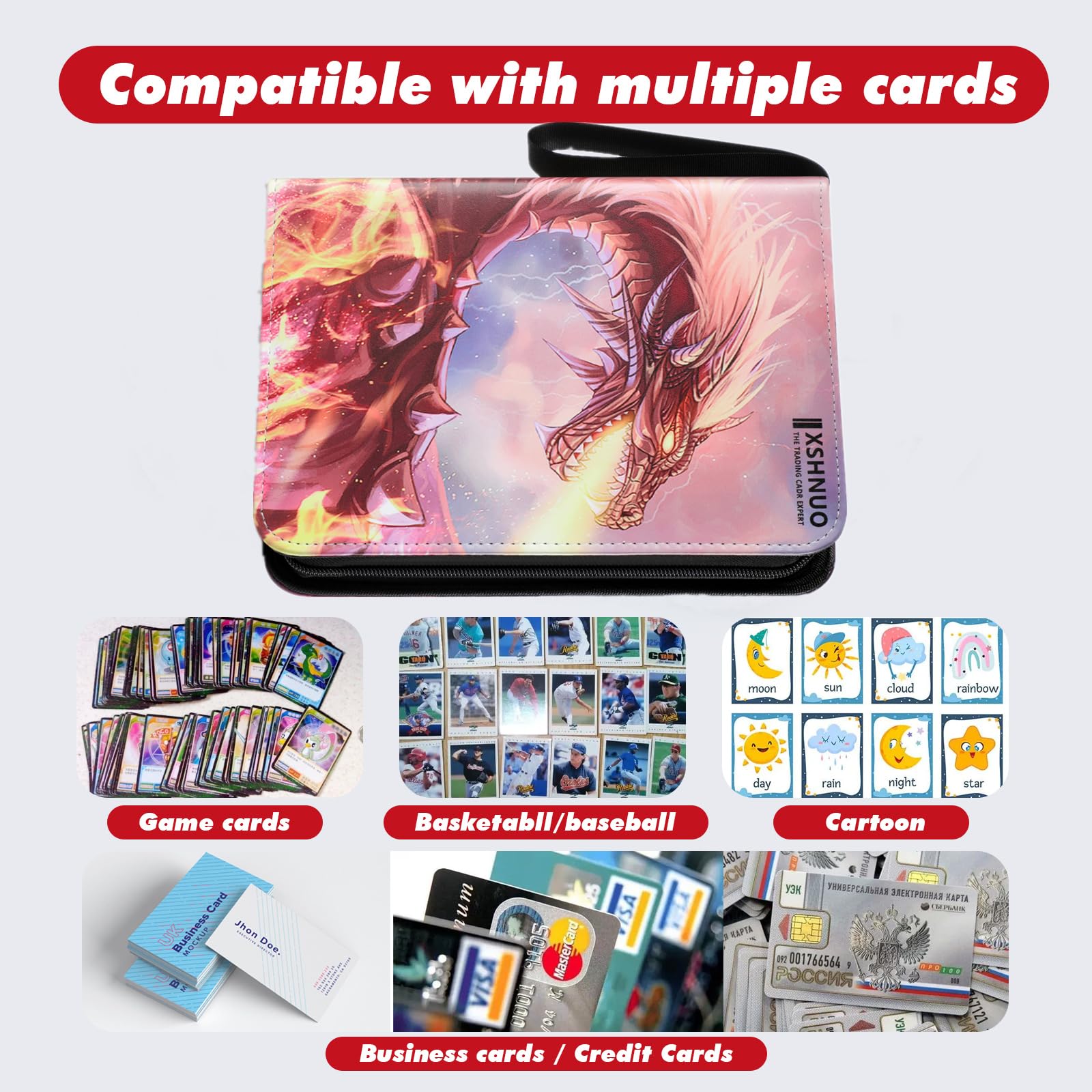 XSHNUO Trading Card Binder, 440 Cards Holder Collector Album with 55 Removable Sleeves 4 Pockets Compatible with Trading Cards Football Card TCG Game Sports Cards