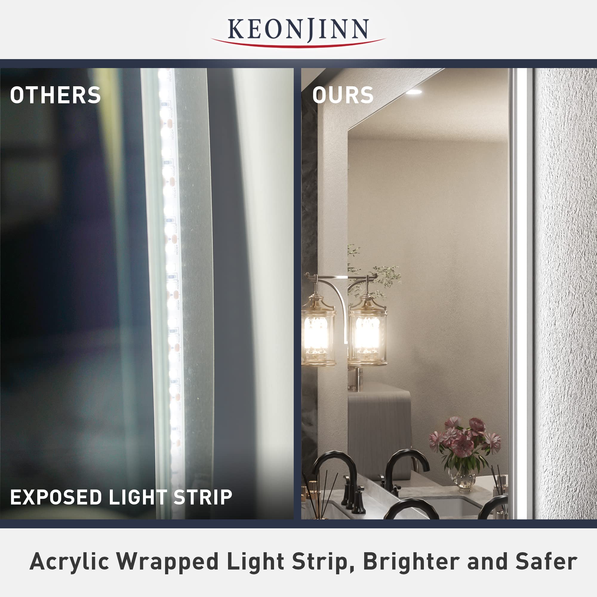 Keonjinn 55 x 36 Inch LED Bathroom Mirror with Lights Backlit Vanity Mirror Large Dimmable Wall Mounted Lighted Bathroom Mirror Anti-Fog Makeup Mirror with Memory Function(Horizontal/Vertical)