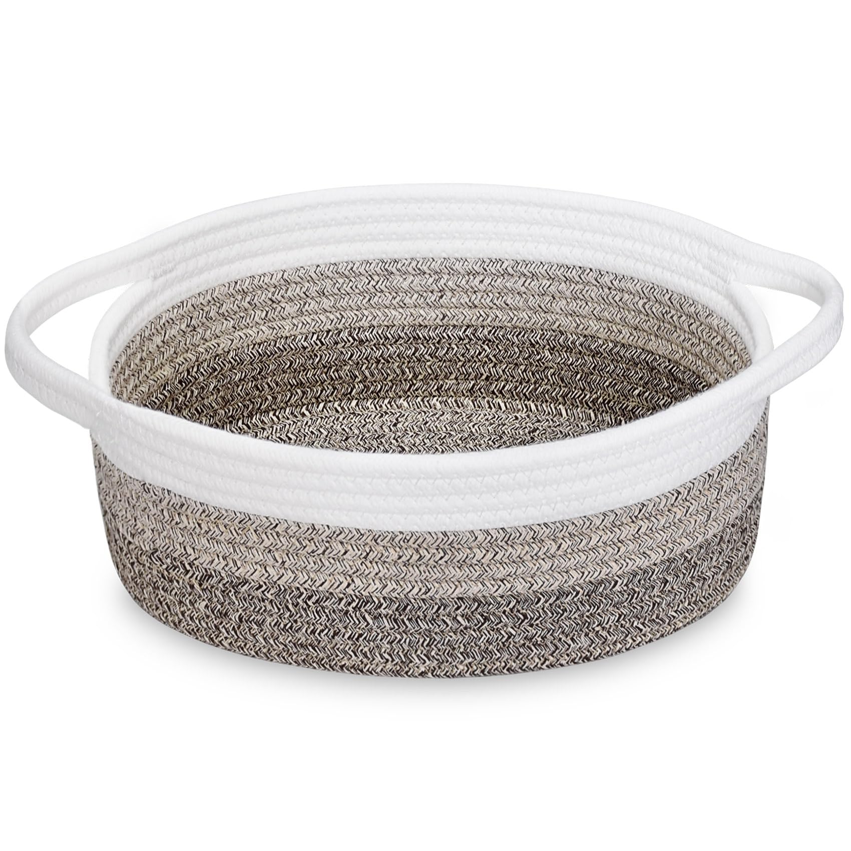 ABenkle Small Woven Basket, 12"x 8" x 5" Cute Small Basket, Rope Room Shelf Storage Basket, Cat Dog Toys Basket Chest Box, Empty Decorative Gift Basket with Handles - White & Mixed Brown & Dark Brown