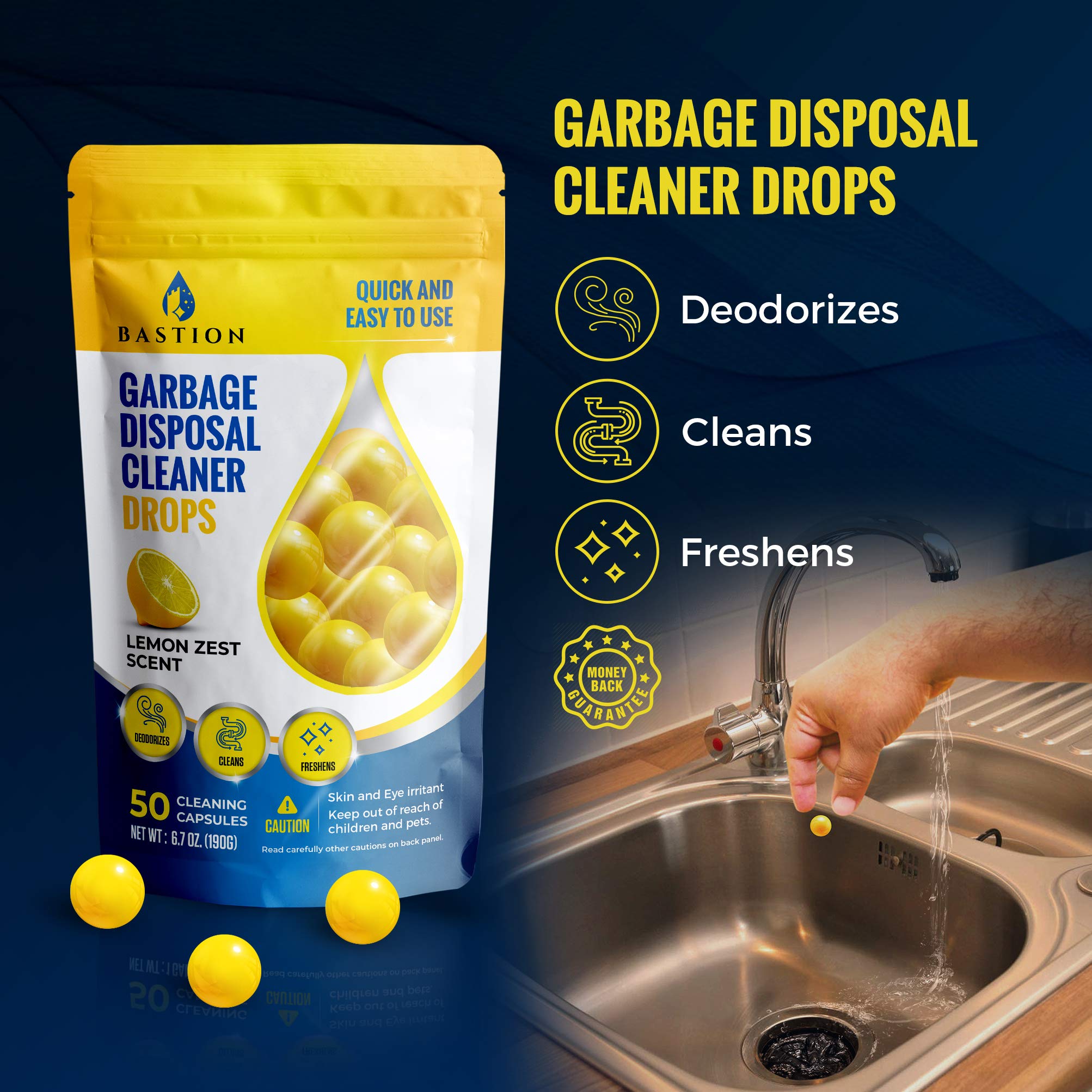 Garbage Disposal Cleaner and Deodorizer Drops- [[50-Count]] Lemon Zest Scented Kitchen Sink Freshener Pods & Drain Odor Eliminator Disposer Care Balls by Bastion