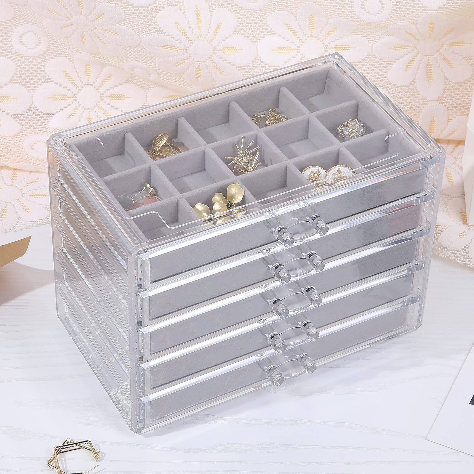 misaya Earring Jewelry Organizer with 5 Drawers, Gift for Mom, Clear Acrylic Jewelry Box for Women, Velvet Earring Display Holder for Earrings Ring Bracelet Necklace, Gray