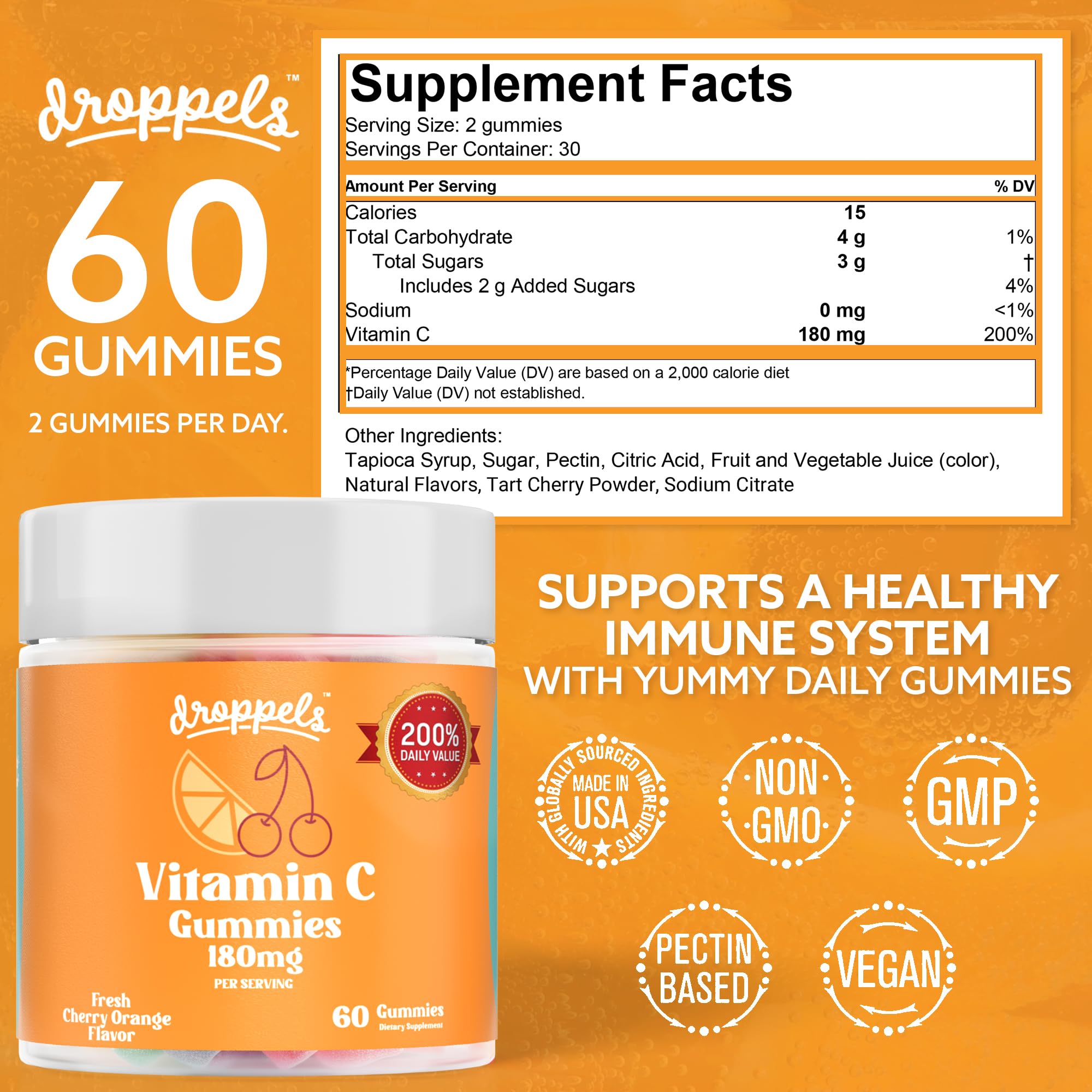 Droppels Vitamin C Gummies, 180mg – Vegan, Pectin Plant-Based Immune Support Booster Supplement – Cherry Orange Flavor, 60 Count (1-Month Supply)