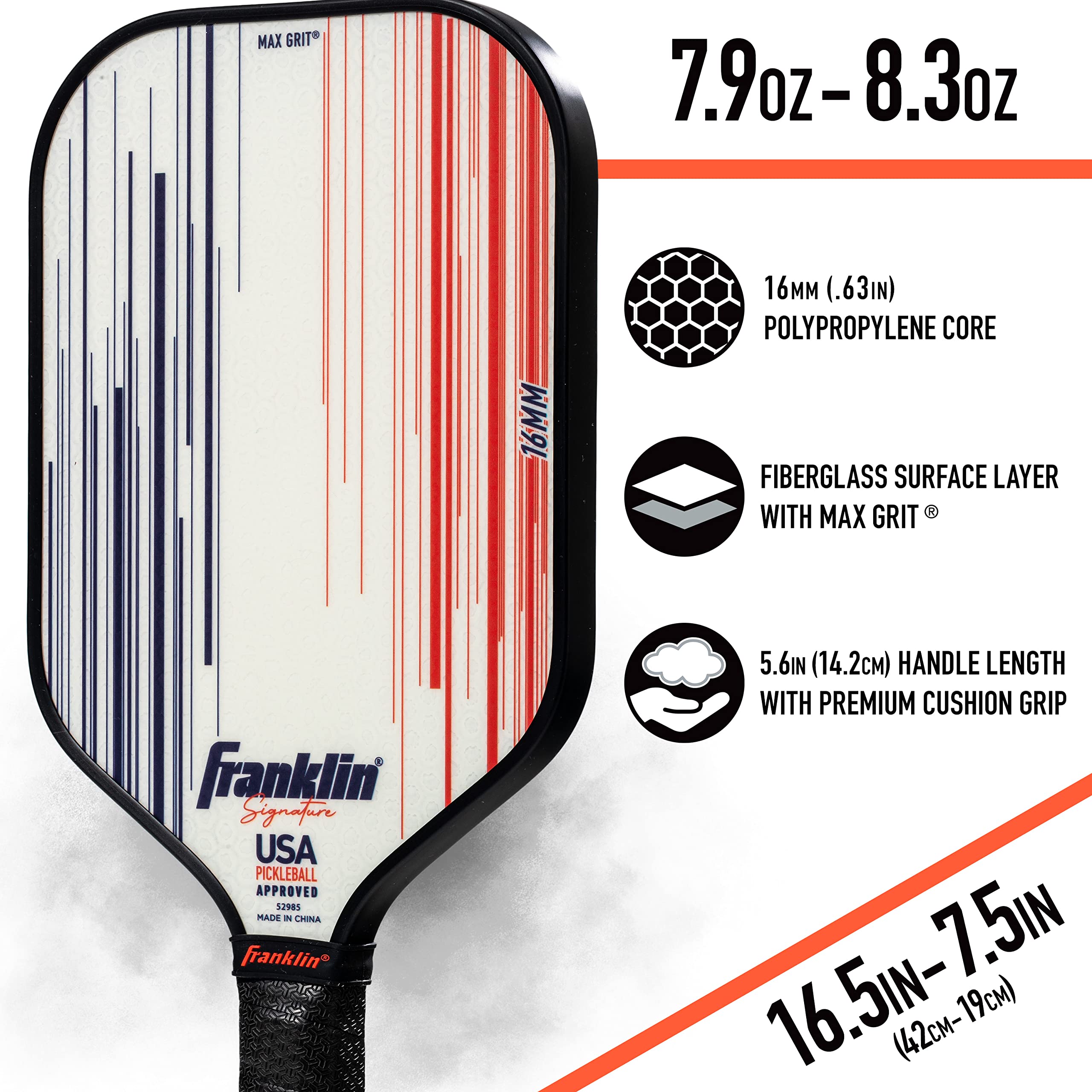 Franklin Sports Pro Pickleball Paddles - Signature Series Pro Pickleball Paddle with MaxGrit Surface - USA Pickleball (USAPA) Approved Tournament Pickleball Paddle - 16mm Polypropylene Core - White