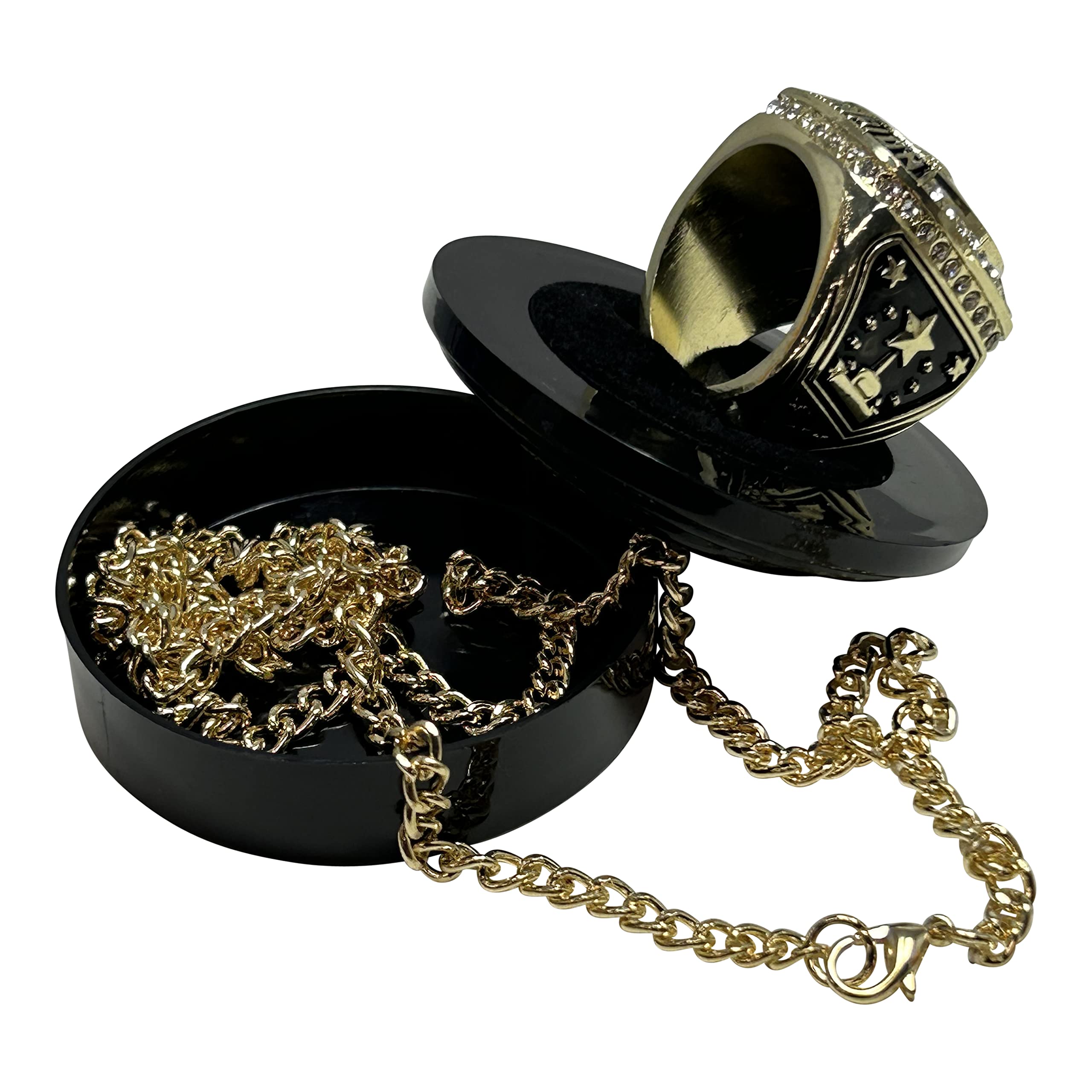 Express Medals Pack of 12 Champion Gold Football Ring Trophy Style Award Gift Fantasy Prize with Display Neck Chain and Stand Championship Rings Ball