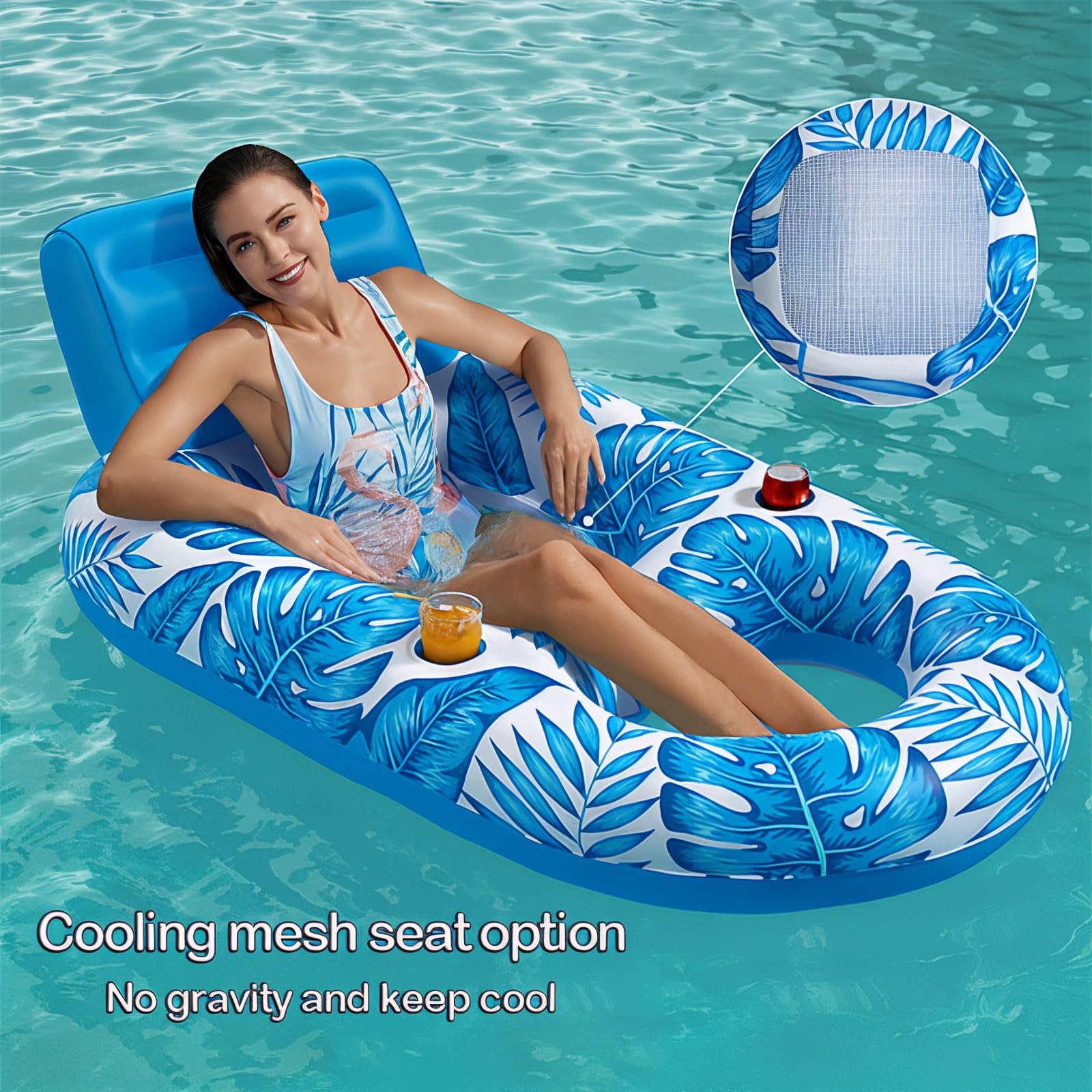 Pool Lounger Floats,Pool Rafts for Adults Large Recliner Tanning Lounge Chair Water Floaty with Backrest Footrest Cup Holder for Swimming Pool Beach Lake River and Vacation