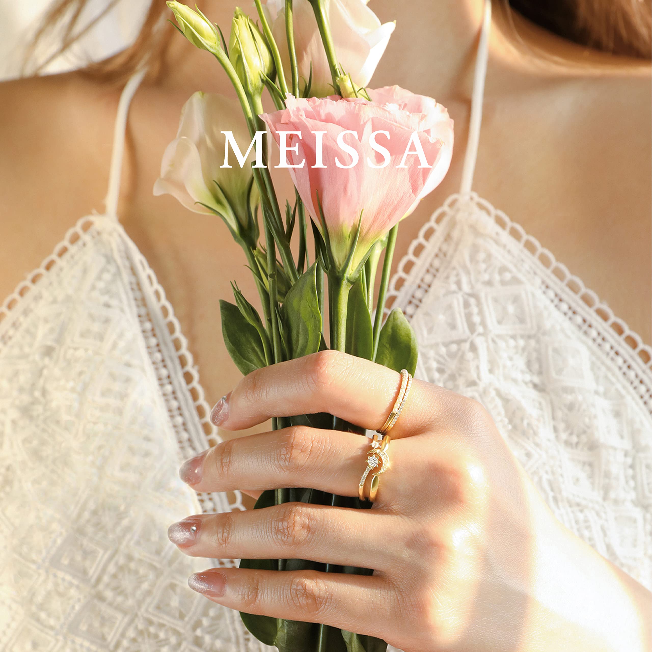 Meissa Celestial Moon and Star Ring Set Matching Promise Ring Gold Plated Stackable Ring Friendship Rings Handmade Sterling Silver Jewelry Gift for Women Teen Girls