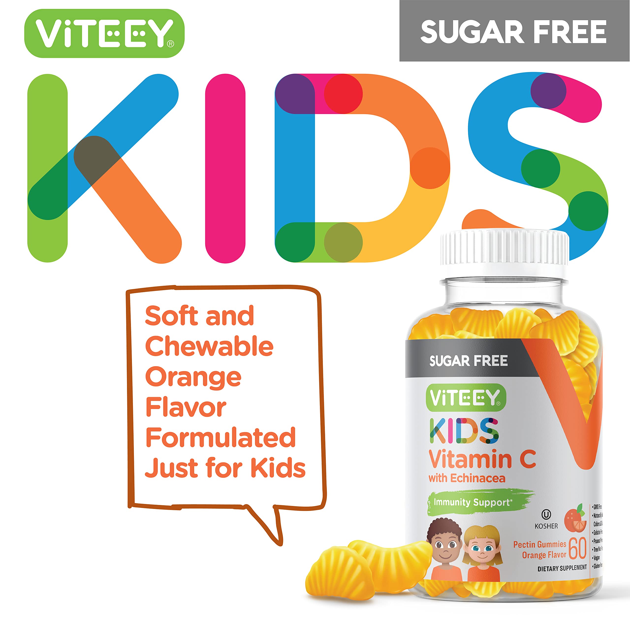 Kids Vitamin C Gummies 75mg, with Echinacea - Sugar Free - Immune Support for Kids, Toddlers, & Teens - Vegan, Gelatin Free, Gluten Free, GMO Free - Tasty Chewable Orange Flavored Kids Immunity Gummy