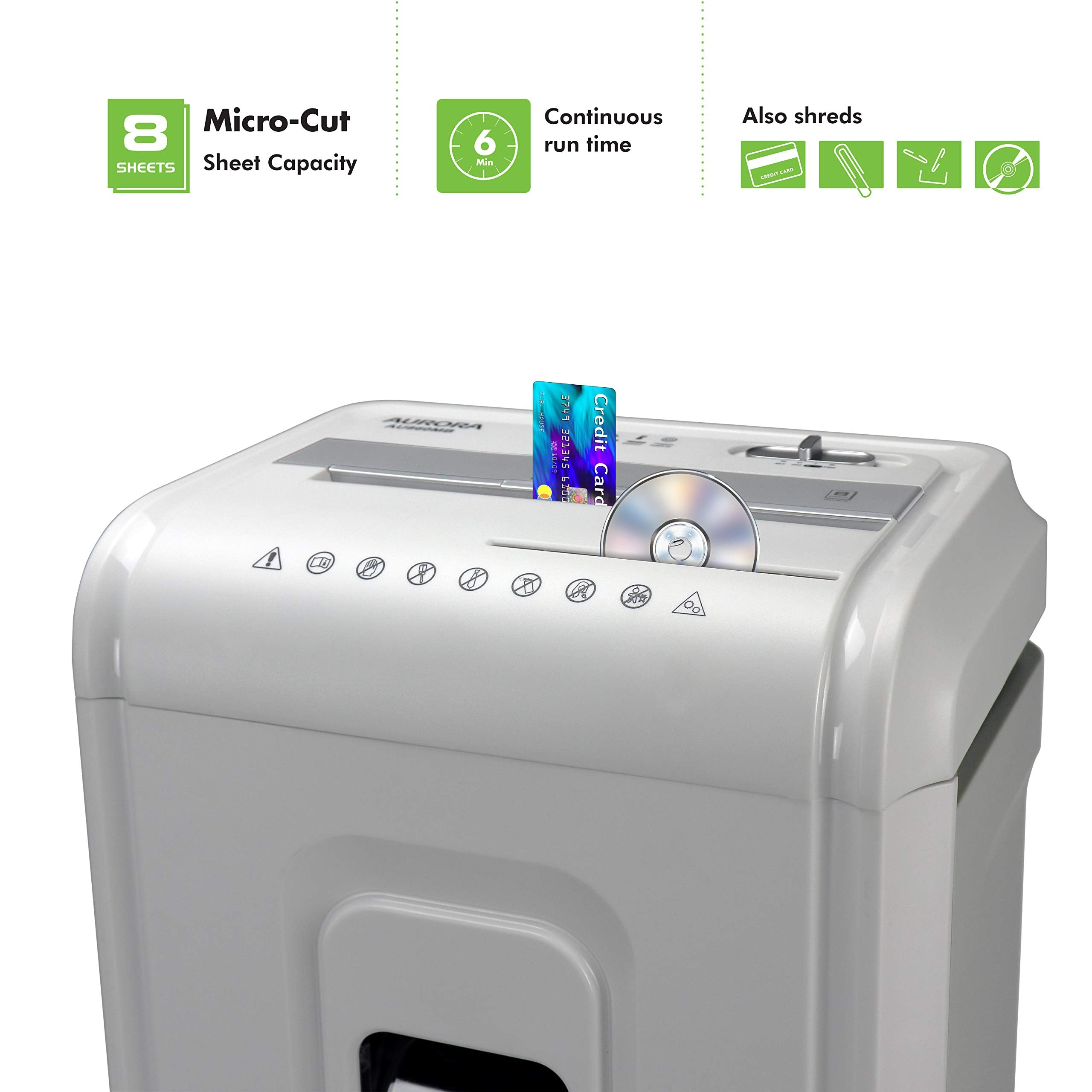 Aurora High-Security 8-Sheet Micro-Cut Paper, CD/DVD and Credit Card Shredder, White/Gray