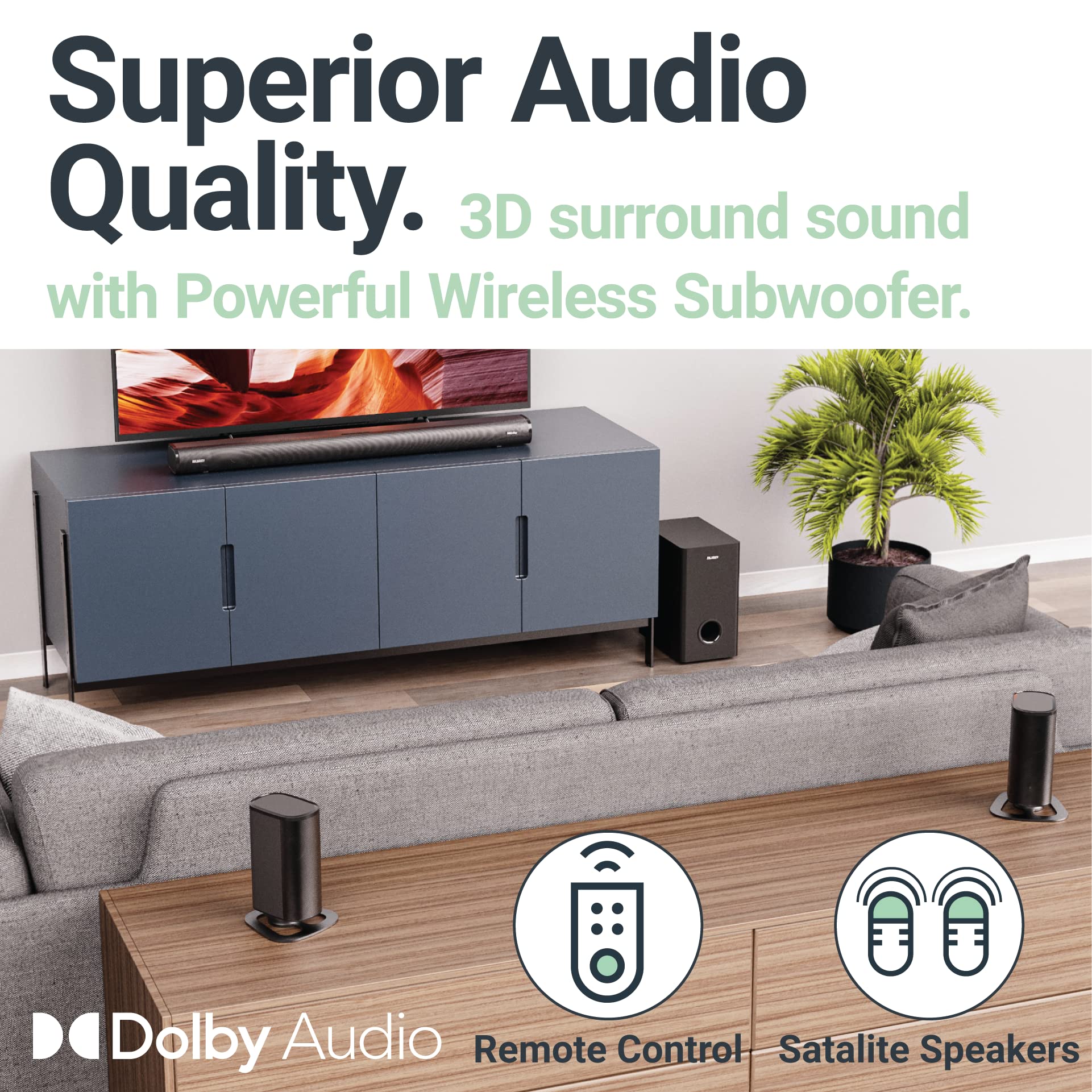 Majority Everest 5.1 Dolby Audio Surround Sound System with Sound Bar | Wireless Subwoofer I 300W, Home Theatre 3D Audio with Detachable Speakers | HDMI ARC, HDMI, Bluetooth