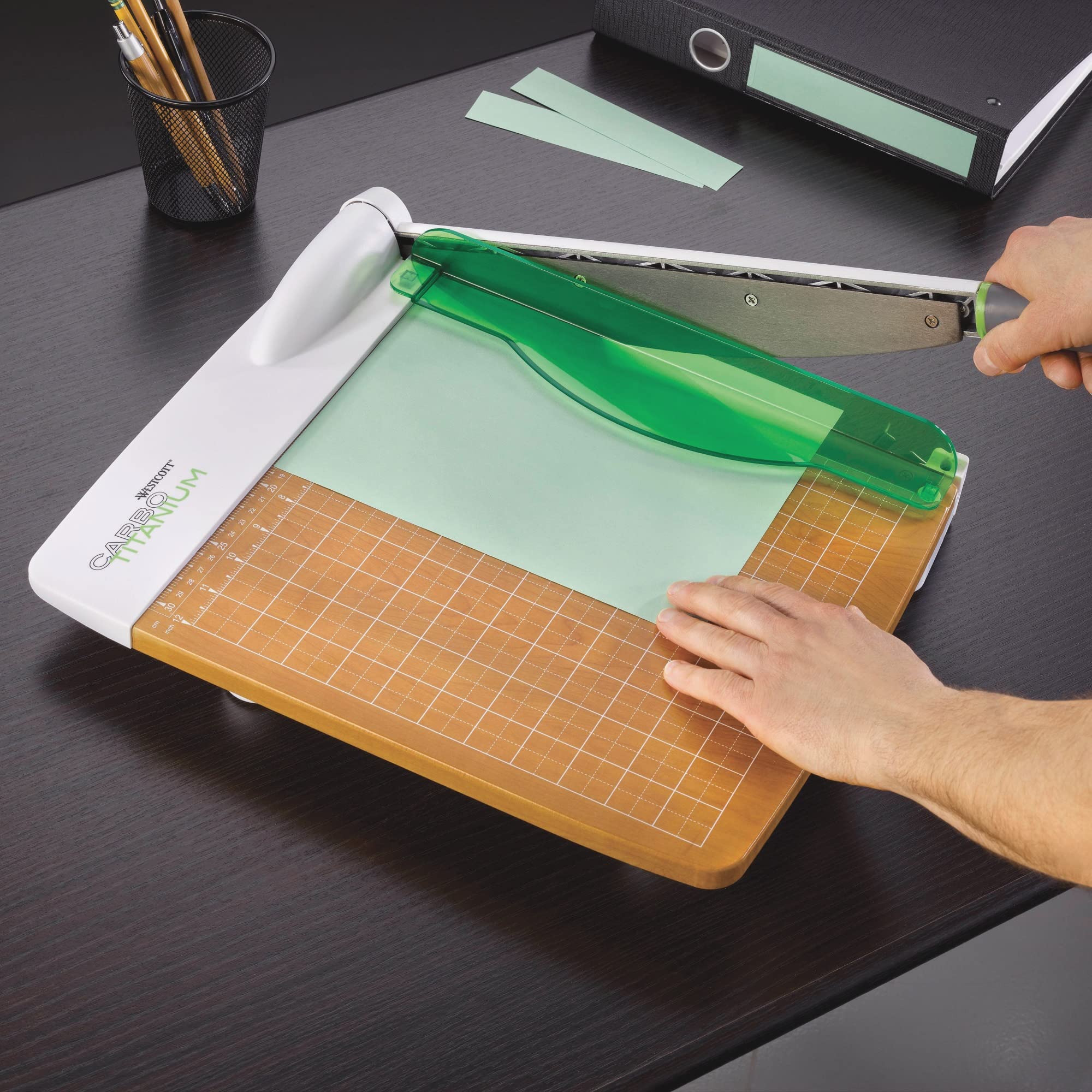 Westcott 16717 12-Inch CarboTitanium Wood Base Guillotine Paper Cutter, Multi-Paper Trimmer with 30 Sheet Capacity