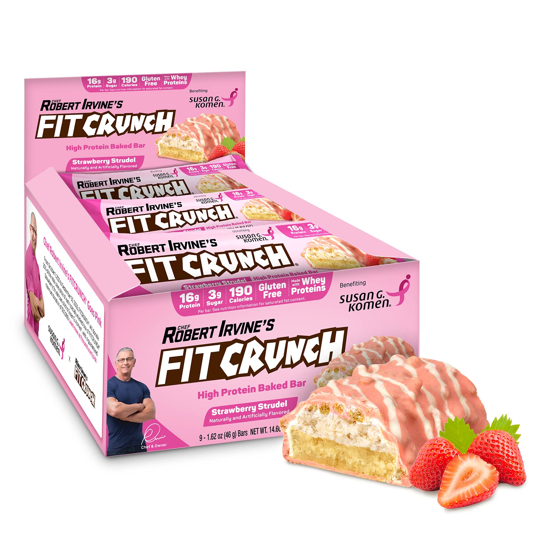 FITCRUNCH Snack Size Protein Bars, 6-Layer Baked Bar, 3g of Sugar, Gluten Free & Soft Cake Core (9 Bars, Strawberry Strudel)