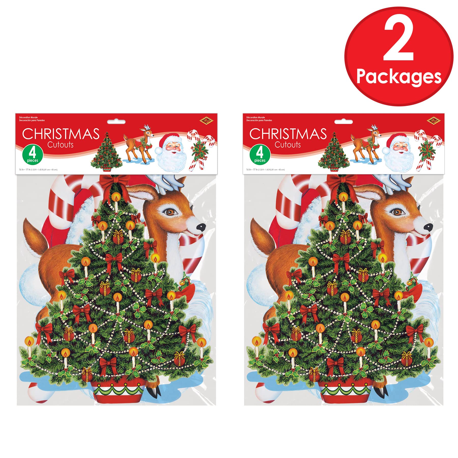 Beistle 8 Piece Merry Christmas Decorations Paper Cut Outs Holiday Party Supplies-Santa Claus, Reindeer, Tree, Candy Canes, 16" - 17", Multicolor