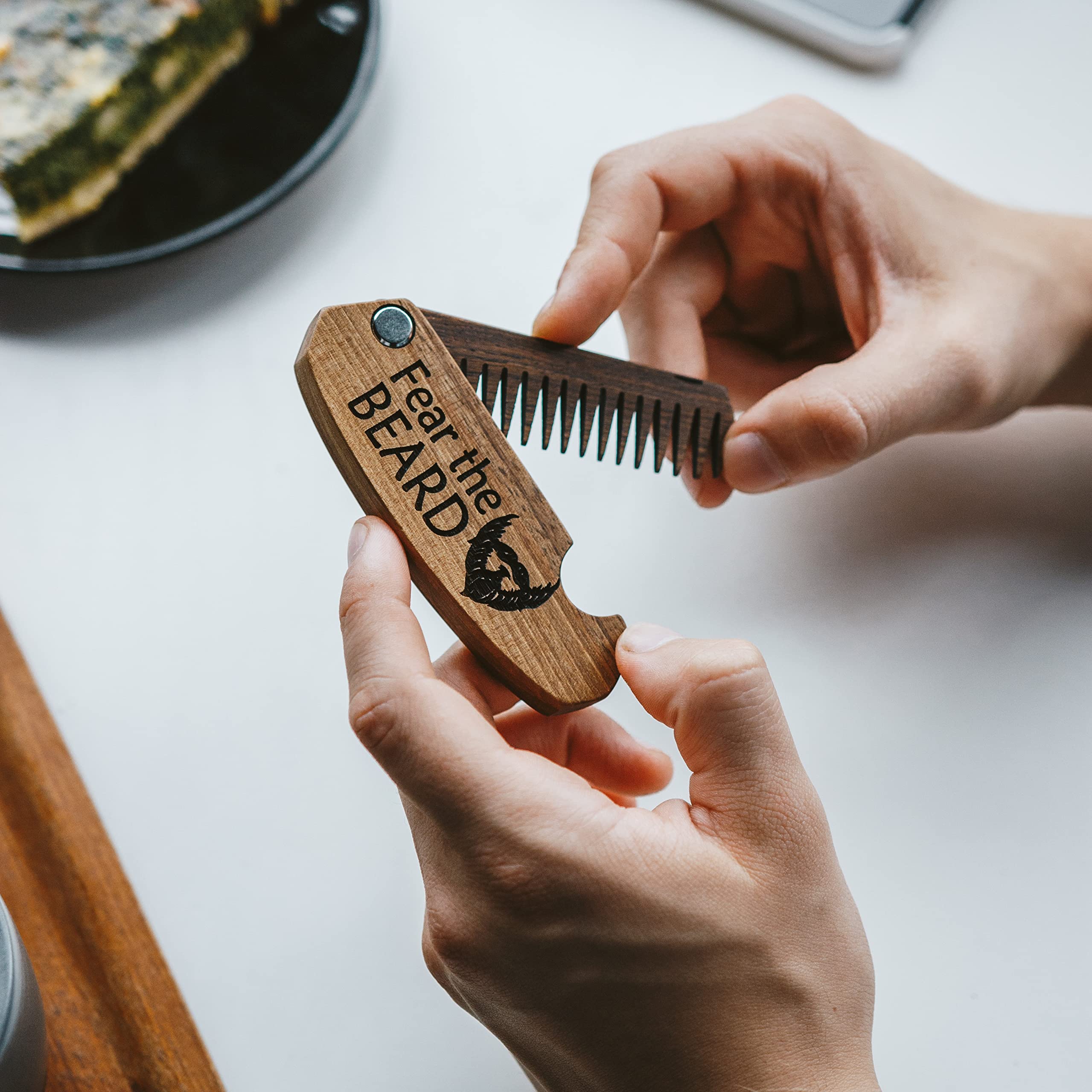 Beard Comb Gifts for Him Wooden Comb for Men Folding Pocket Comb for Moustache Beard Hair Walnut Combs Husband Anniversary Gift with the Engraving (Fear The Beard) (Model FTB)