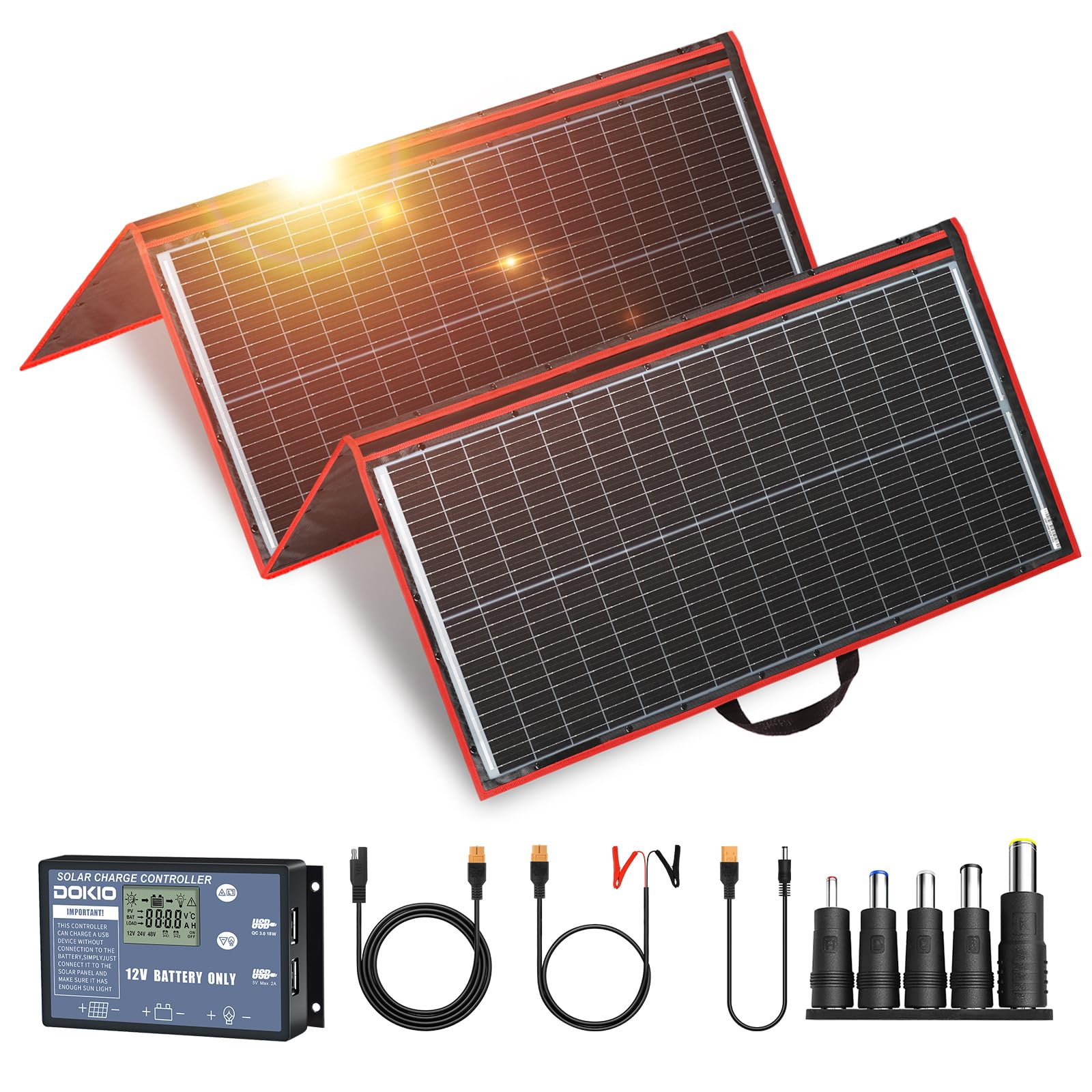 DOKIO 300W 18V Portable Solar Panel Kit Folding Solar Charger with 2 USB Outputs for 12v Batteries/Power Station AGM LiFePo4 RV Camping Trailer Car Marine…