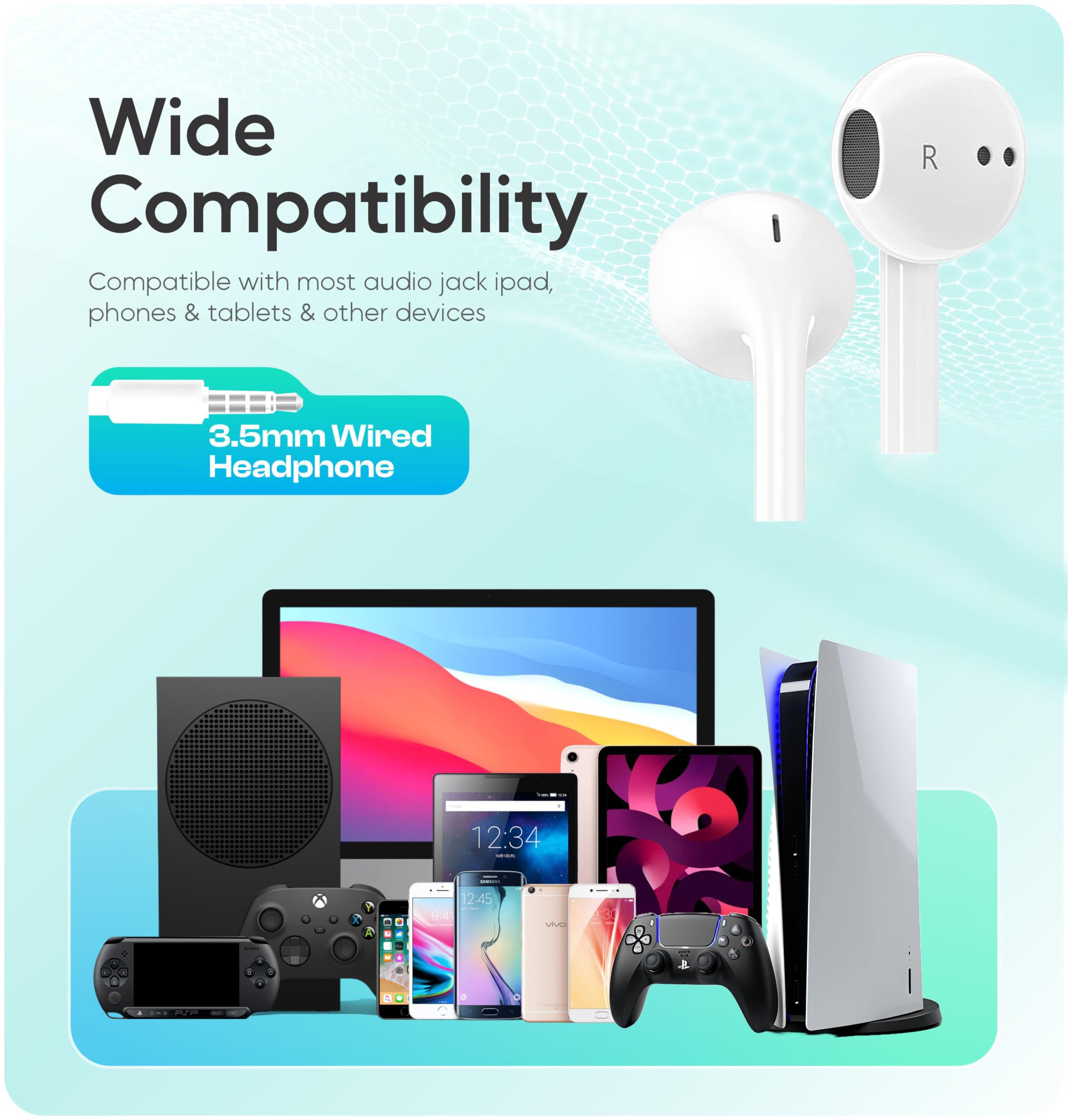 schainyan Wired Earbuds with Mic, Earphones Ear Buds Wired Plug in Earbuds Noise Cancelling Earbuds Wired, in Ear Headphones Wired Ear Buds, Aux Headphones Wired Earphones with Cord Snow White