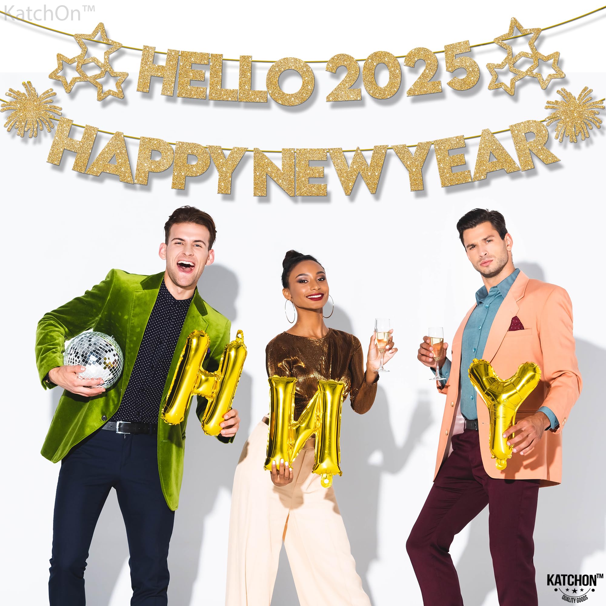 KatchOn, Happy New Year Banner - 10 Feet, No DIY | Hello 2025 Banner for Happy New Year Decorations 2025 | NYE Banner, New Years Banner | New Years Eve Party Supplies 2025 | NYE Decorations 2025