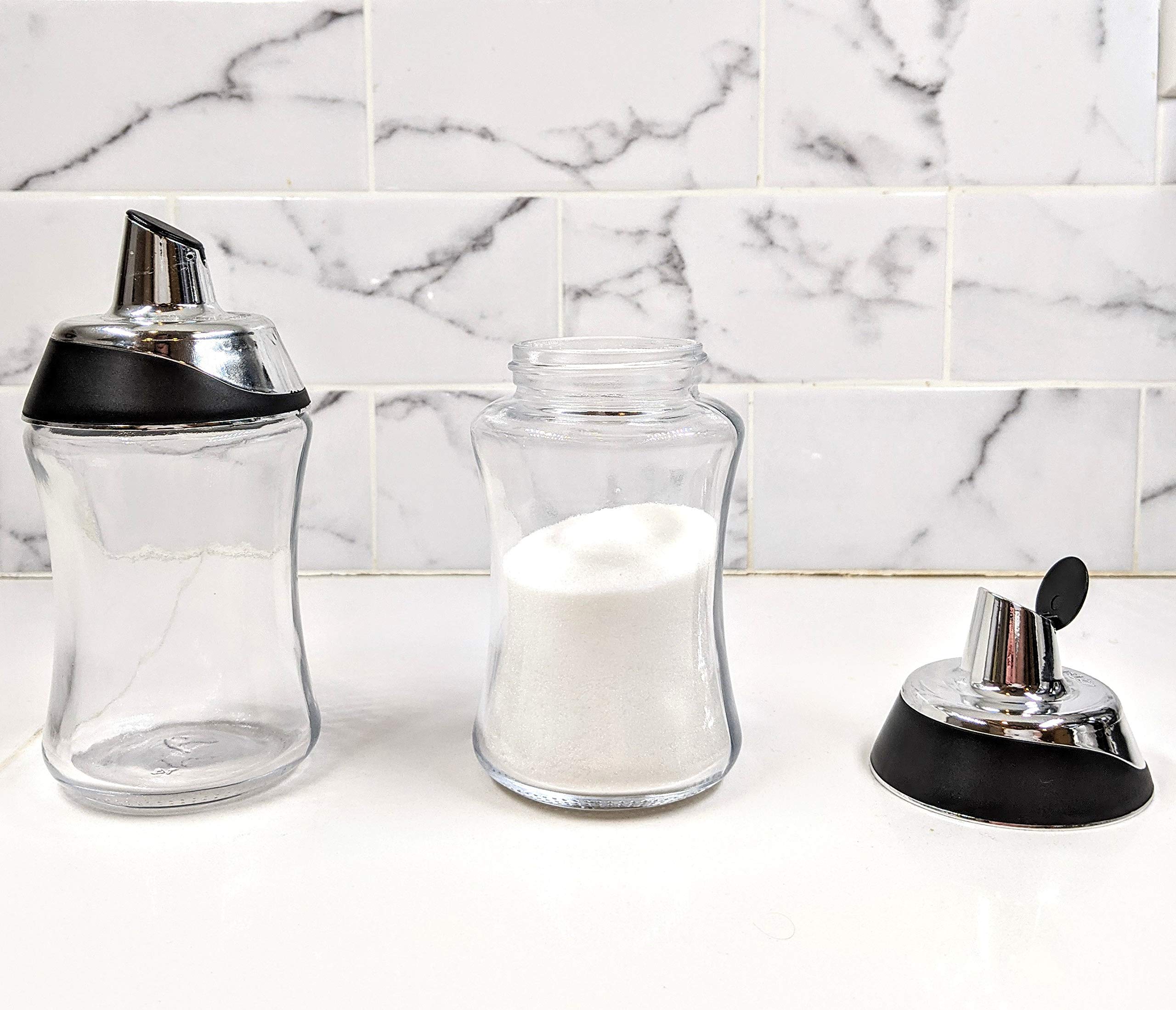 J&M DESIGN Sugar Dispenser with Pour Spout - 7.5oz Glass Jar, Chrome Twist Off Cap - Coffee Bar Accessories, Baking Supplies Organizer, Powdered Creamer Container