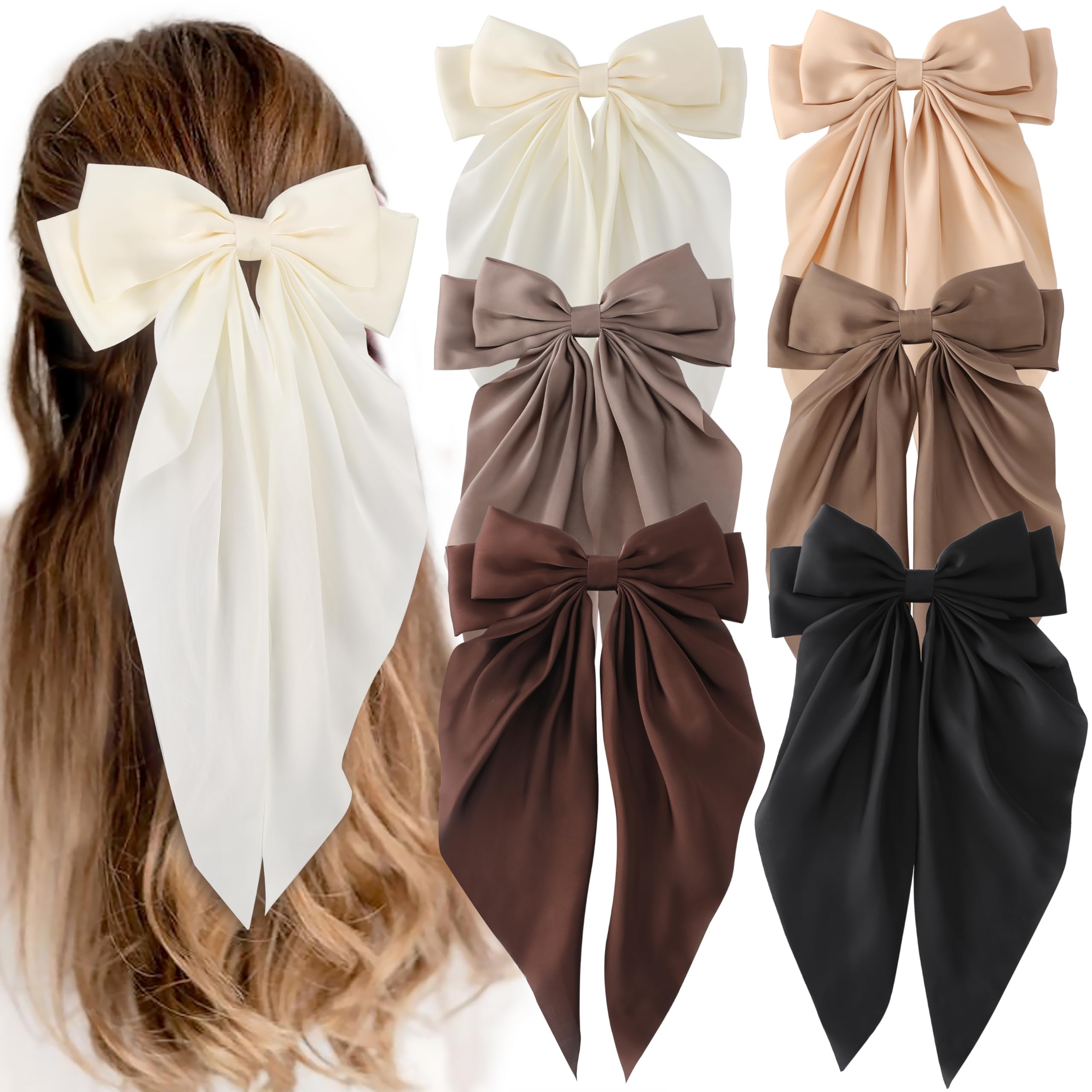 6 PCS Hair Bows for Women, Big Bow Hair Clips for Girls, Silky Satin Hair Bows Clips Oversized Long Tail, Large Hair Barrettes Cute Aesthetic Hair Accessories, Metal Bow Hair Clips Neutral Color