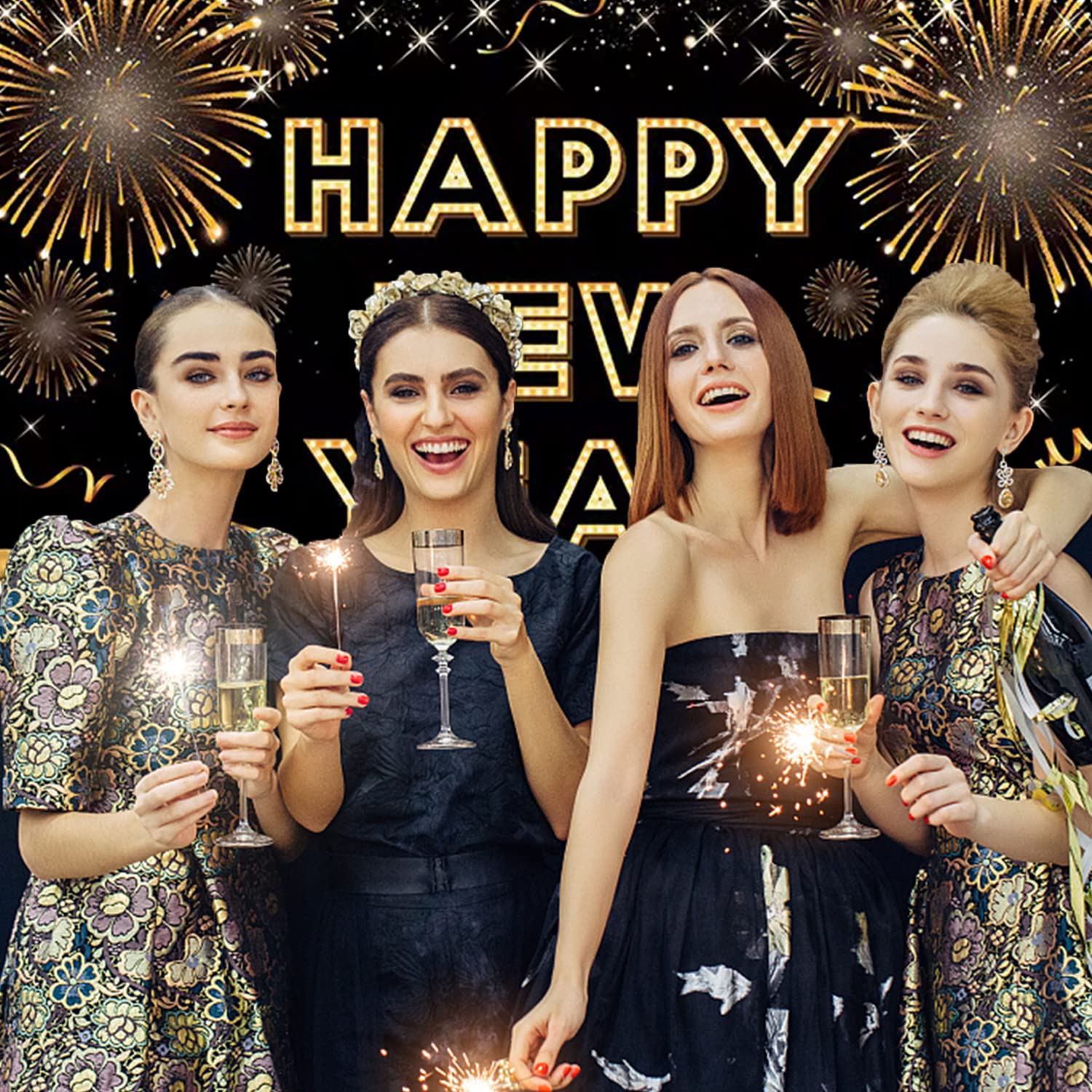 Happy New Year Banner for 2025 Party Decoration, Blackgold New Year Eve Banner Photo Backdrop Party Supplies (HAPPY NEW YEAR)