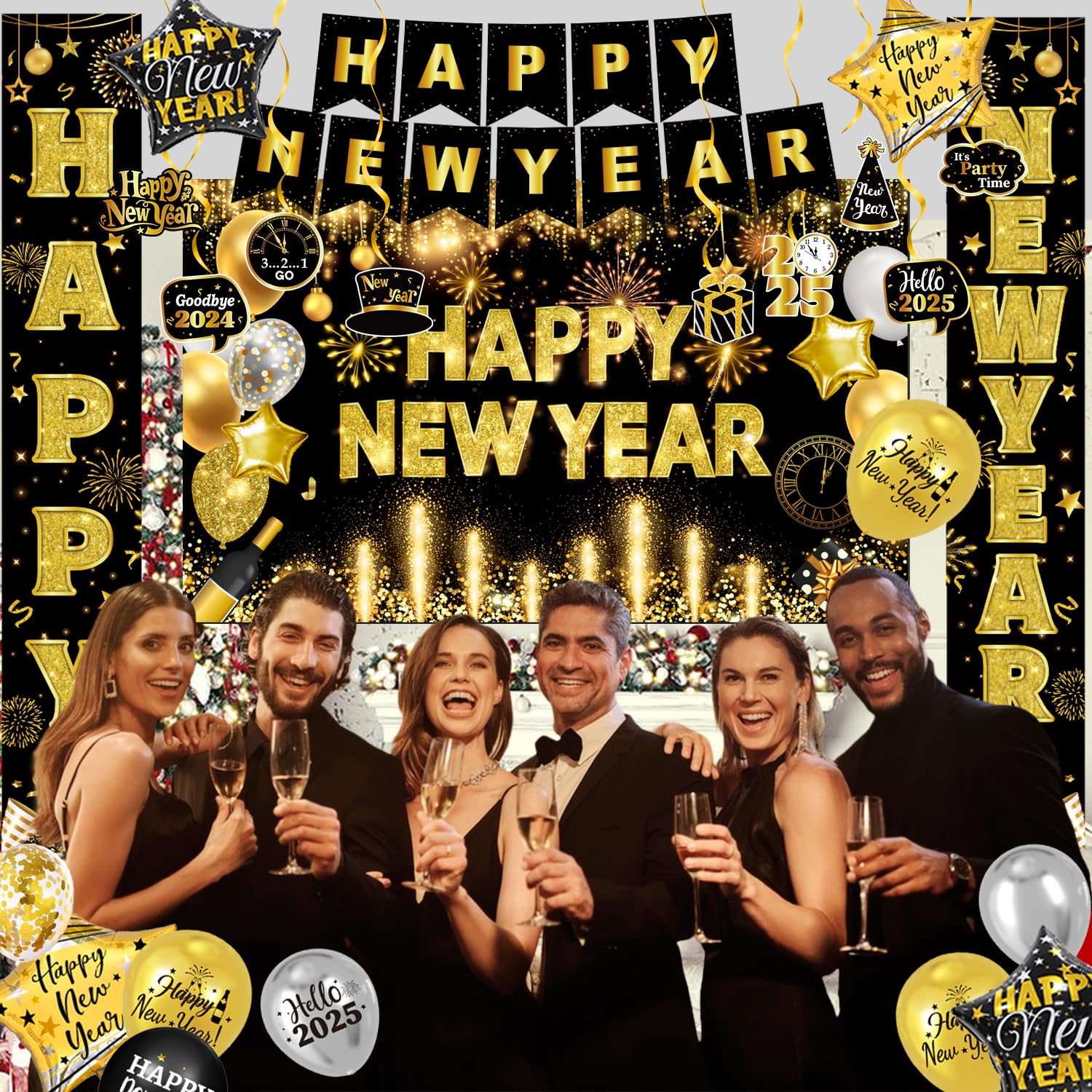 New Years Decorations 2025 - New Years Eve Party Supplies Include Banner, Backdrop, Hanging Swirls, Porch Sign, Paper Pompoms, Balloons, Foil Number 2025 for Happy New year Decorations