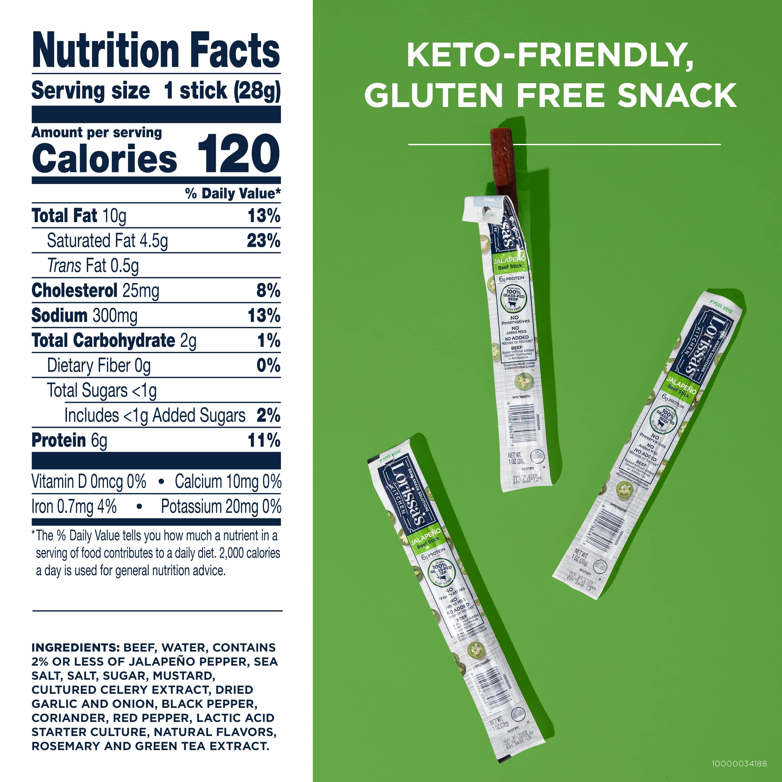 Lorissa's Kitchen Spicy Grass-Fed Beef Jerky Meat Snack Sticks - Keto Friendly Snacks,Gluten Free,No Added Nitrites or Nitrates,Jalapeno Flavor,1 oz. Pack of 24