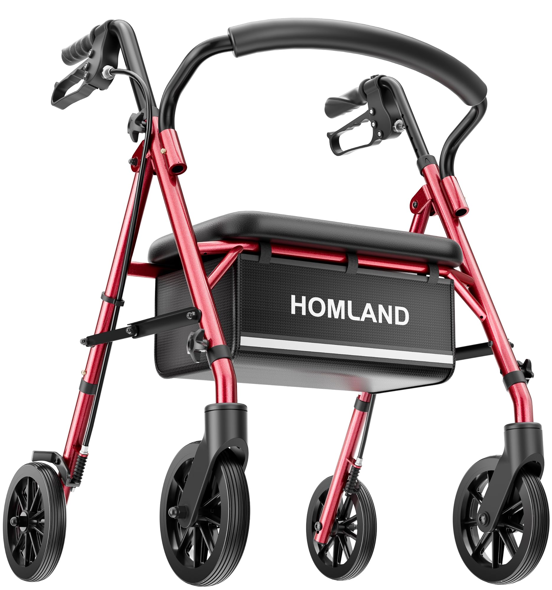 16 Pounds Lightweight Walkers for Seniors with Seat, Narrow Rolling Walker with 4 Puncture-Resistant Wheels, 5-Level Height Adjustable, 300 lbs Weight Capacity (Red)
