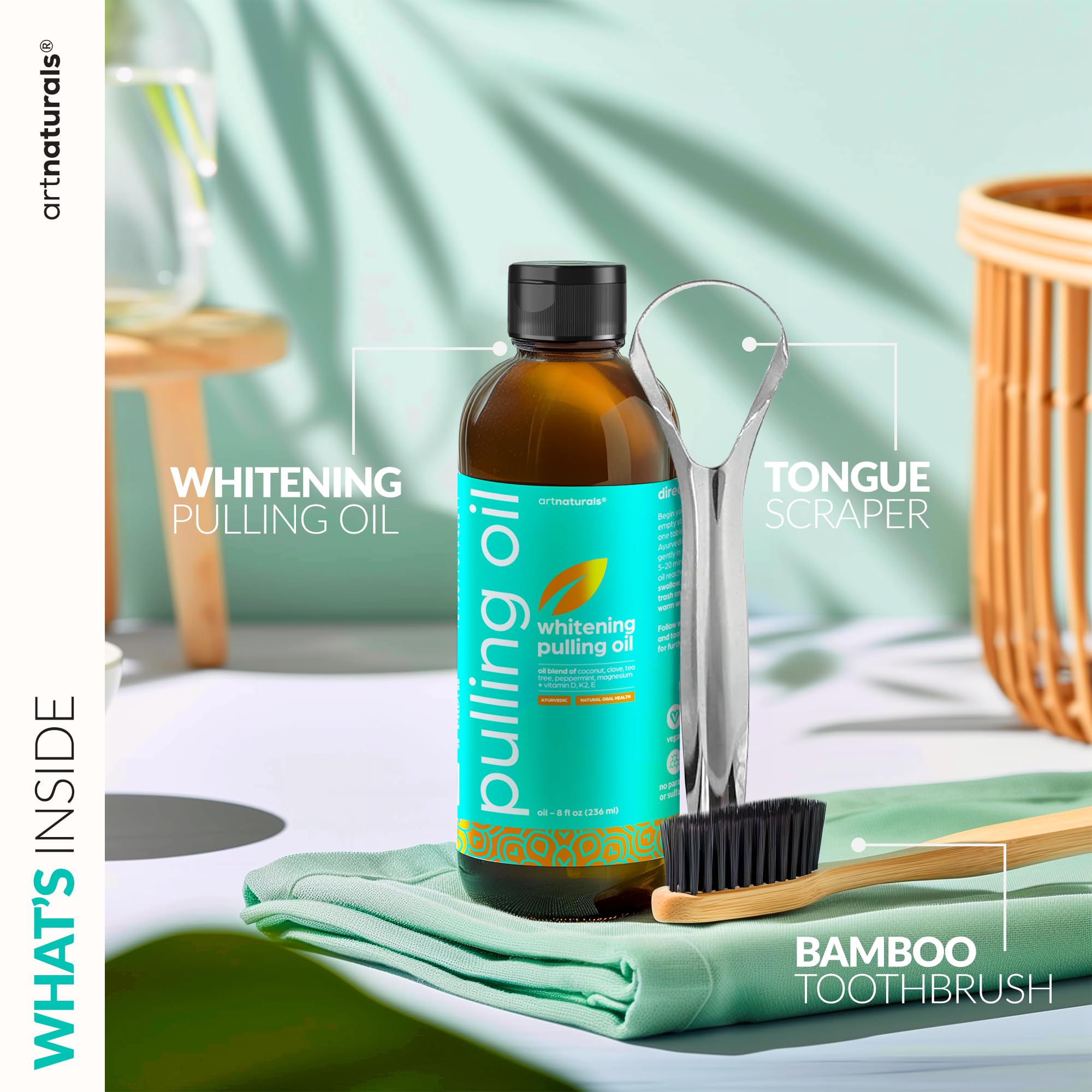 artnaturals Coconut Oil Pulling (8oz) Tongue Scraper & Toothbrush Set - Alcohol-Free Mouthwash - Infused with Magnesium & Peppermint for Teeth Whitening & Fresh, Healthy Breath and Gums