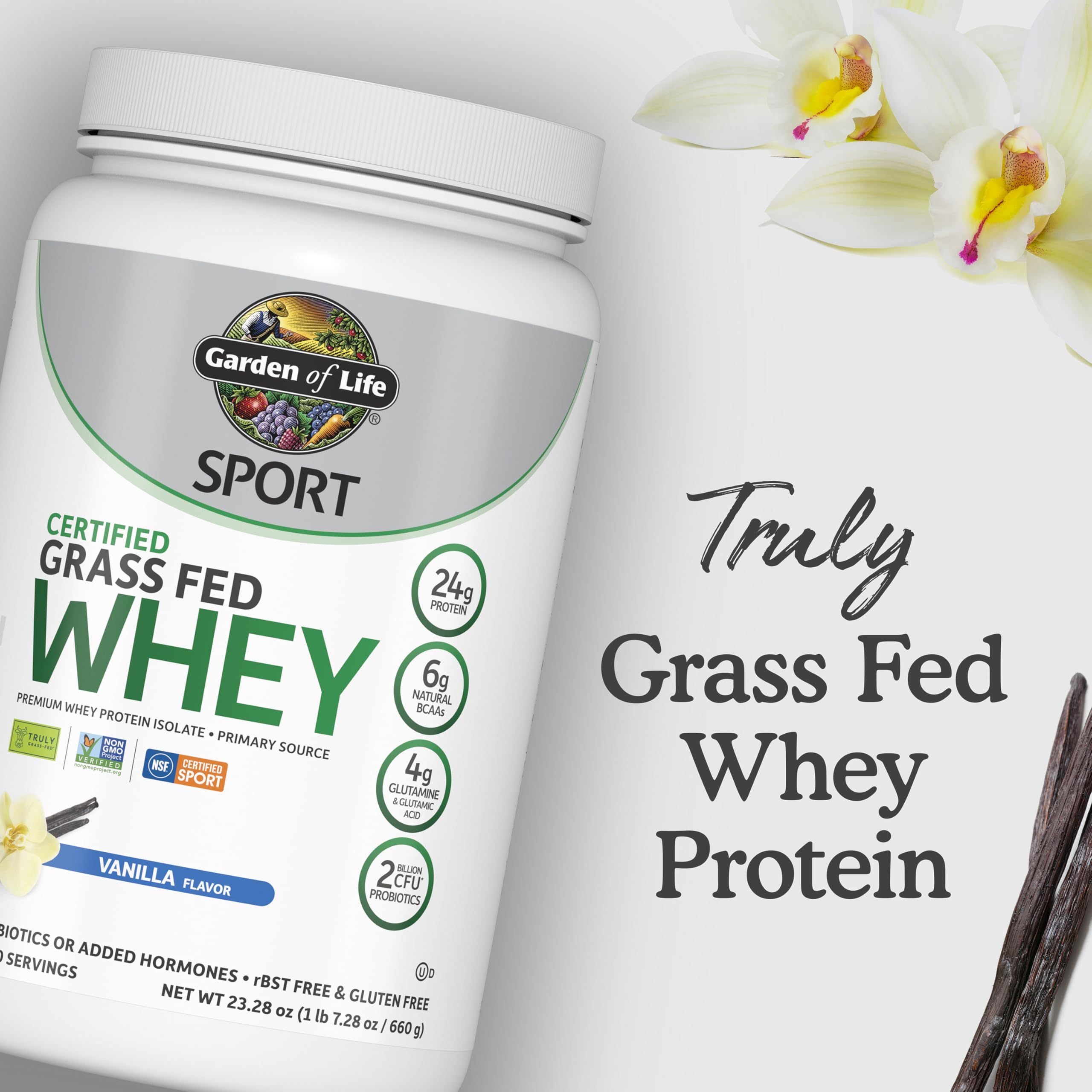 Garden of Life SPORT Whey Protein Powder Vanilla., Premium Grass Fed Whey Protein Isolate plus Probiotics for Immune System Health, 24g Protein, Non GMO, Gluten Free., Cold Processed - 20 Servings