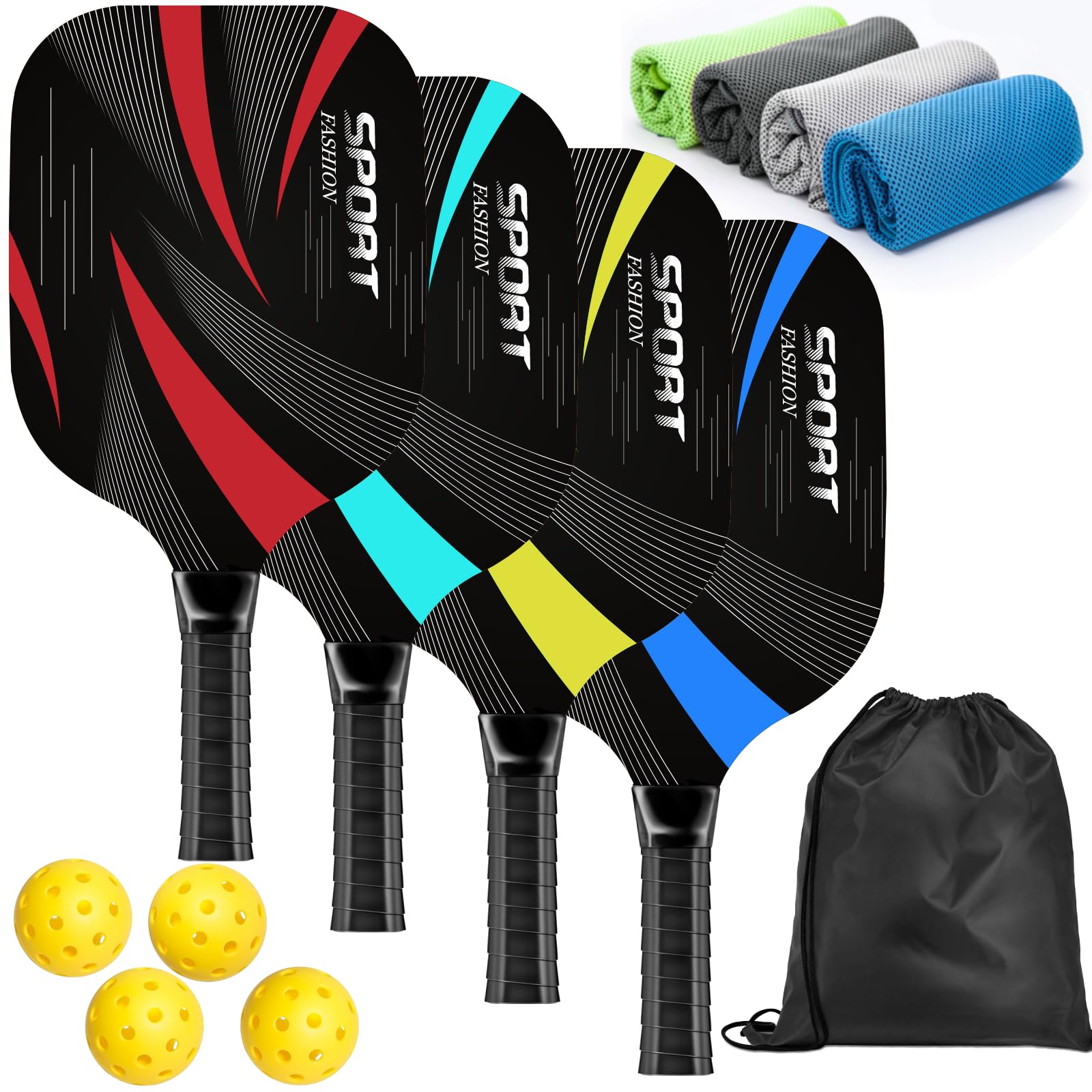 Tiyutsd Pickleball Paddles, Pickleball Set of 4 Premium Wooden Pickleball Paddles, 4 Cooling Towels, 4 Pickleball Balls & Carry Bag, Pickleball Paddles Set of 4, Ergonomic Cushion Grip