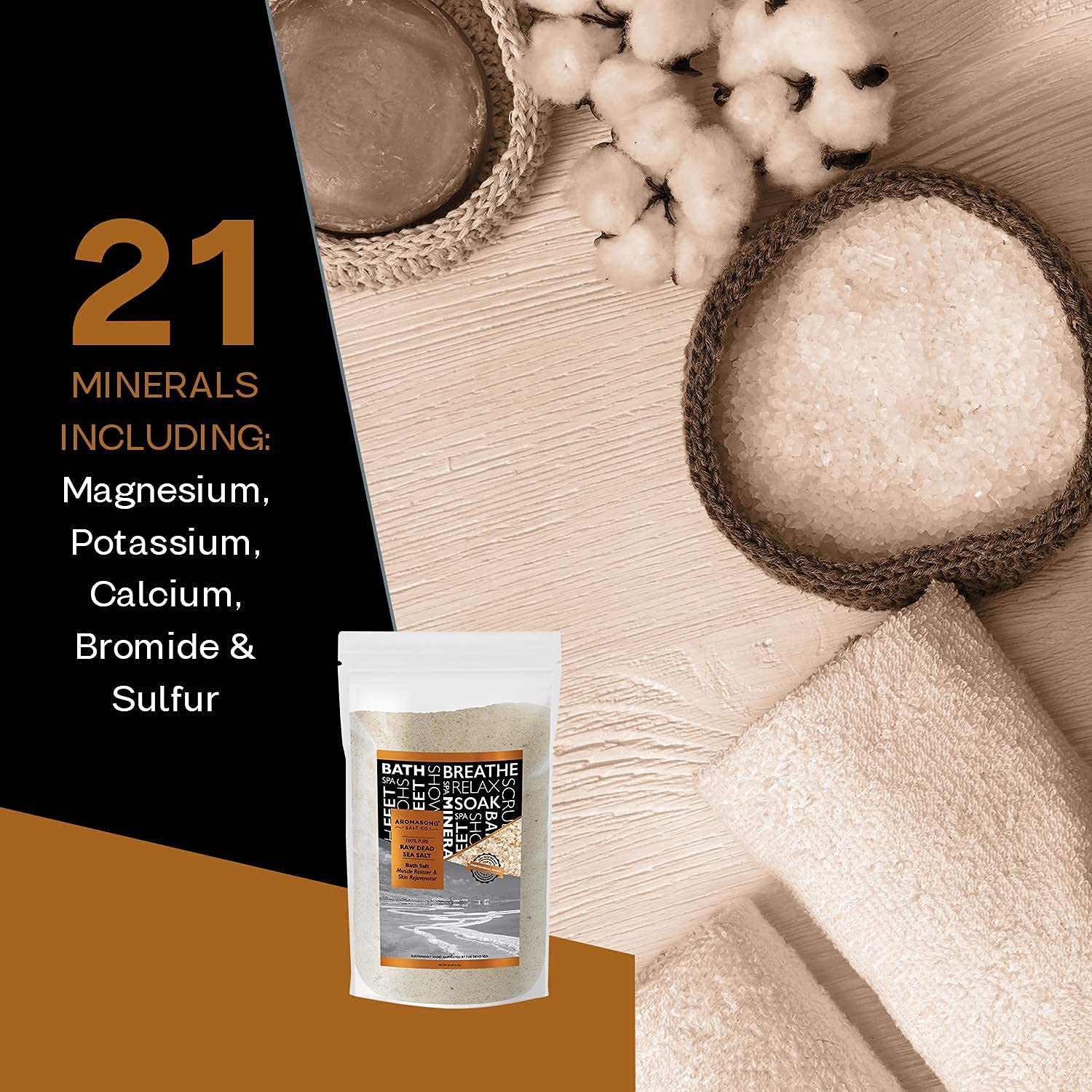 Aromasong Dead Sea Relaxation Bundle: 5 lbs Raw Dead Sea Salt + 3 lbs Magnesium Flakes for Bath Soaks and Skin Care