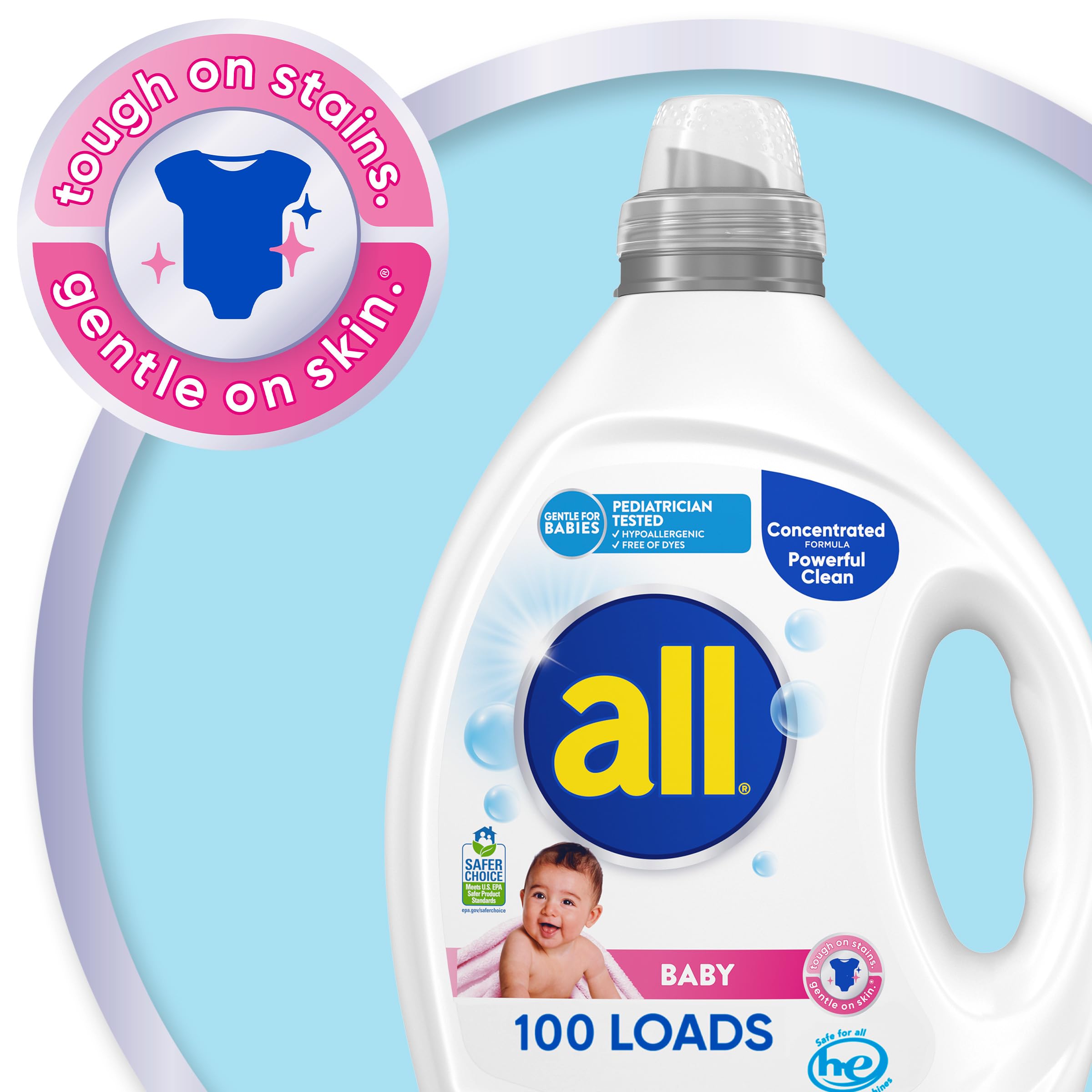 all Liquid Laundry Detergent, Gentle for Baby, Hypoallergenic & Free Of Dyes, 2X Concentrated, 100 Loads