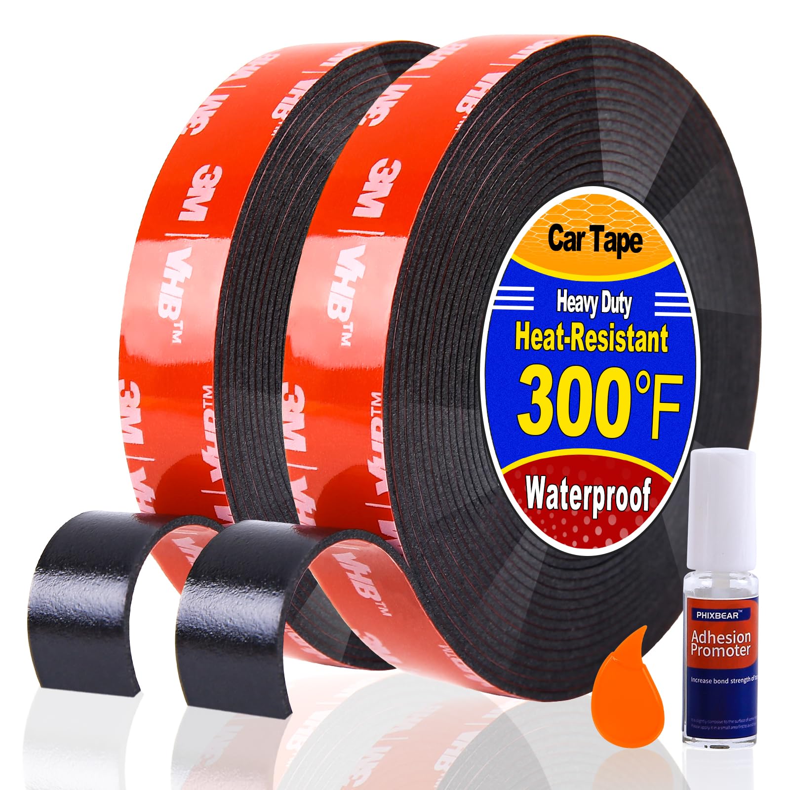 PHIXBEAR 2 Rolls Car Double Sided Tape High Temperature Resistant Heavy Duty, Made of 3M, 19.7 Ft X 0.6 ", Strong Adhesion and Multi-Purpose Automotive Parts Mounting Tape