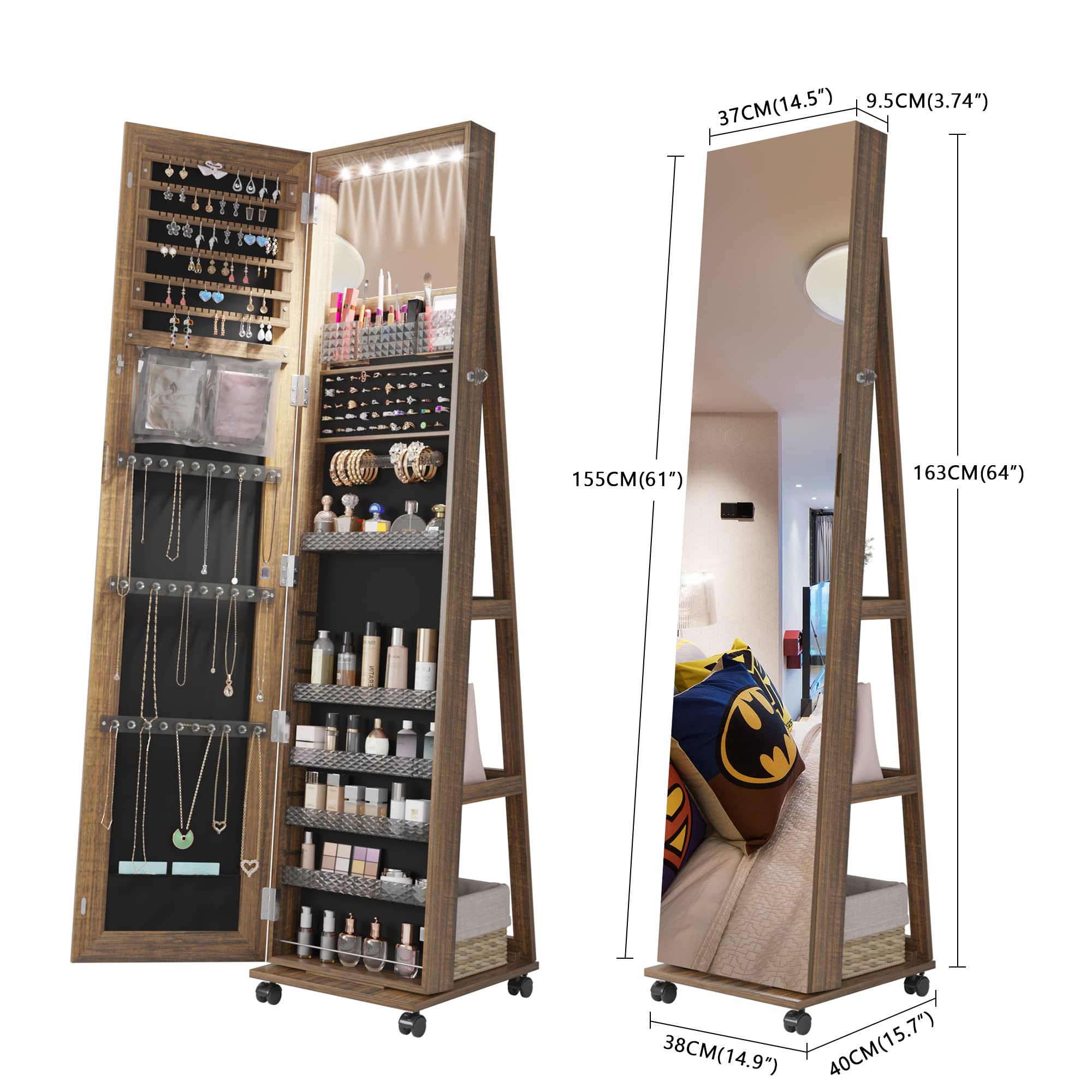 Lvifur 360° Rotating 64'' Jewelry Armoire with 6 LEDS, Full Length Mirror Large Capacity Jewelry Organizer Armoire, Lockable Floor Standing Mirror with 4 rollers for Bedroom, Cloakroom