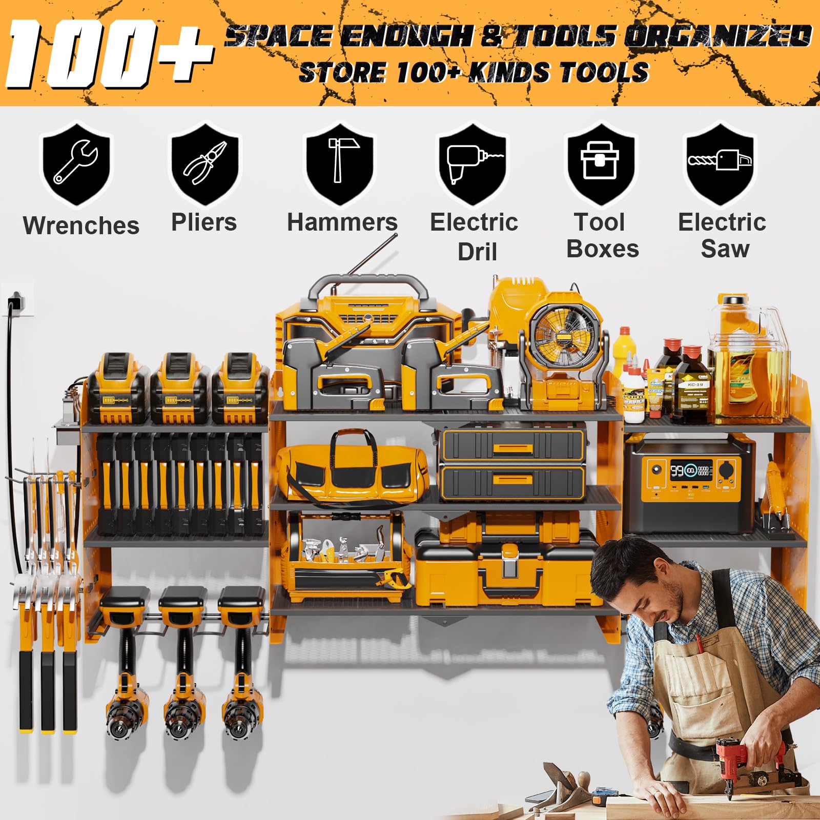 Xankzi Power Tool Organizer with Charging Station, 45.5" Garage Organization Wall Mounted, 3 Layers Electric Cordless Drill Holder with Outlet Power Strips, Garage Tool Storage for Impact Wrenches