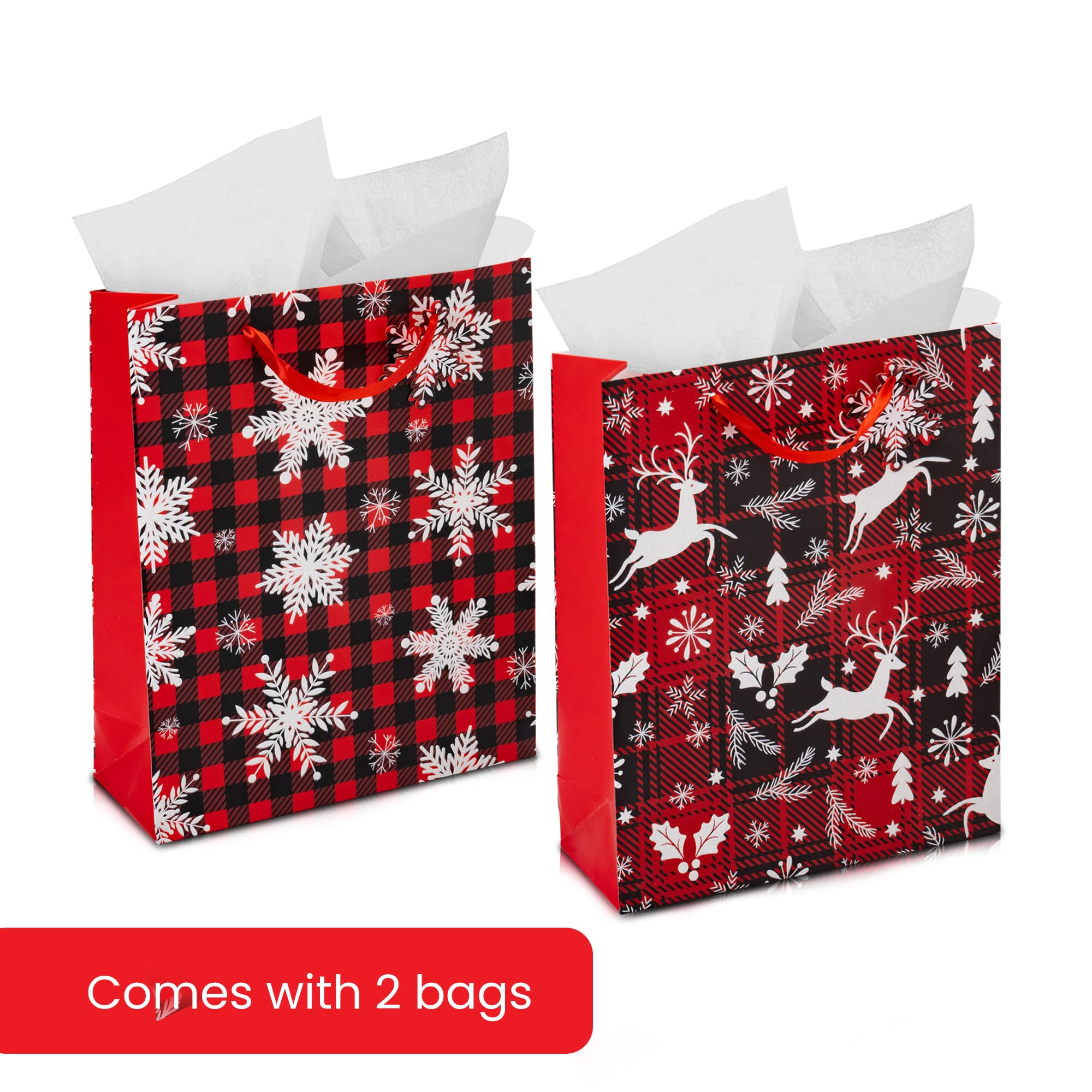 RACHELLE'S Plaid Christmas Gift Bags (Medium, 13"x10"x4") - 2 Pack Sturdy Paper Gift Bags with Tissue Paper, Tag and Handle - Ideal Party Favors and Gifting this Christmas Holiday Season