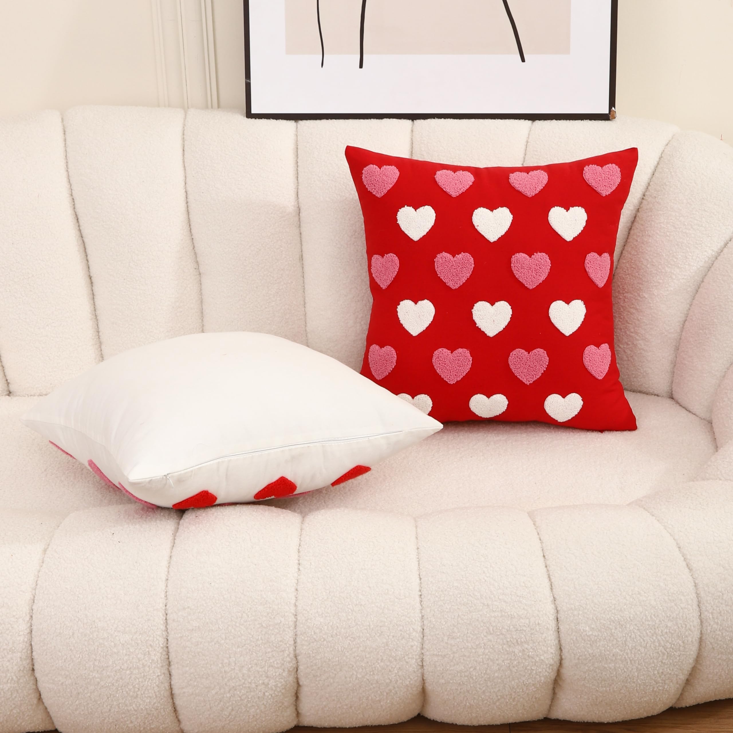 WOKANI Valentines Day Throw Pillow Covers 18x18 Set of 2 Heart Love Couples Decorations Embroidery Cushion Covers Home Decor for Couch Girlfriend Sofa Bedroom, White Red Pink