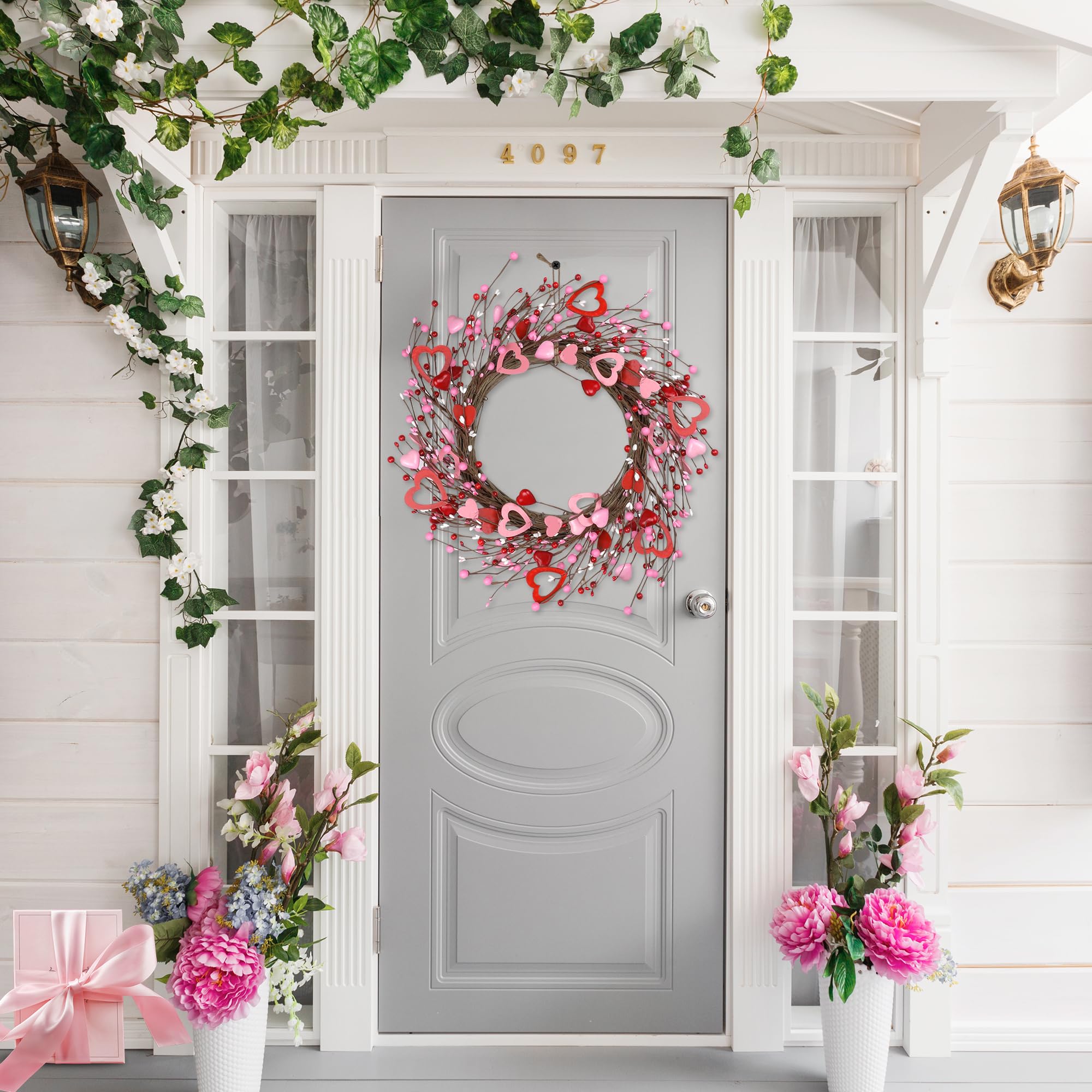 Valentine's Day Wreath, 18 Inch Artificial Valentines Day Wreaths for Front Door Farmhouse with Red Pink White Wooden Heart Berries, Valentines Day Decorations for Anniversary Wedding Indoor Outdoor