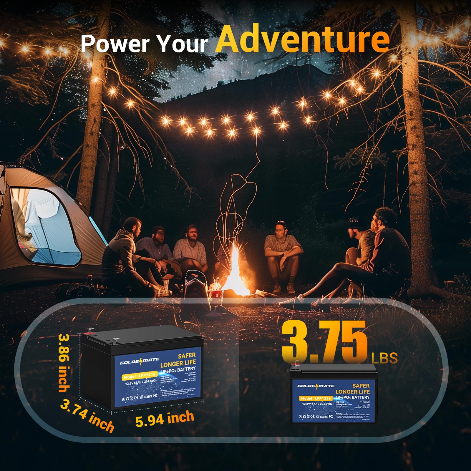 GOLDENMATE 12V 16Ah LiFePO4 Battery, Lithium Batteries 12v with 16A BMS, 5000+ Deep Cycle Lithium Iron Phosphate Rechargeable Battery for Solar, Fish Finder, Power Wheels, Lighting, Ride-on Toys