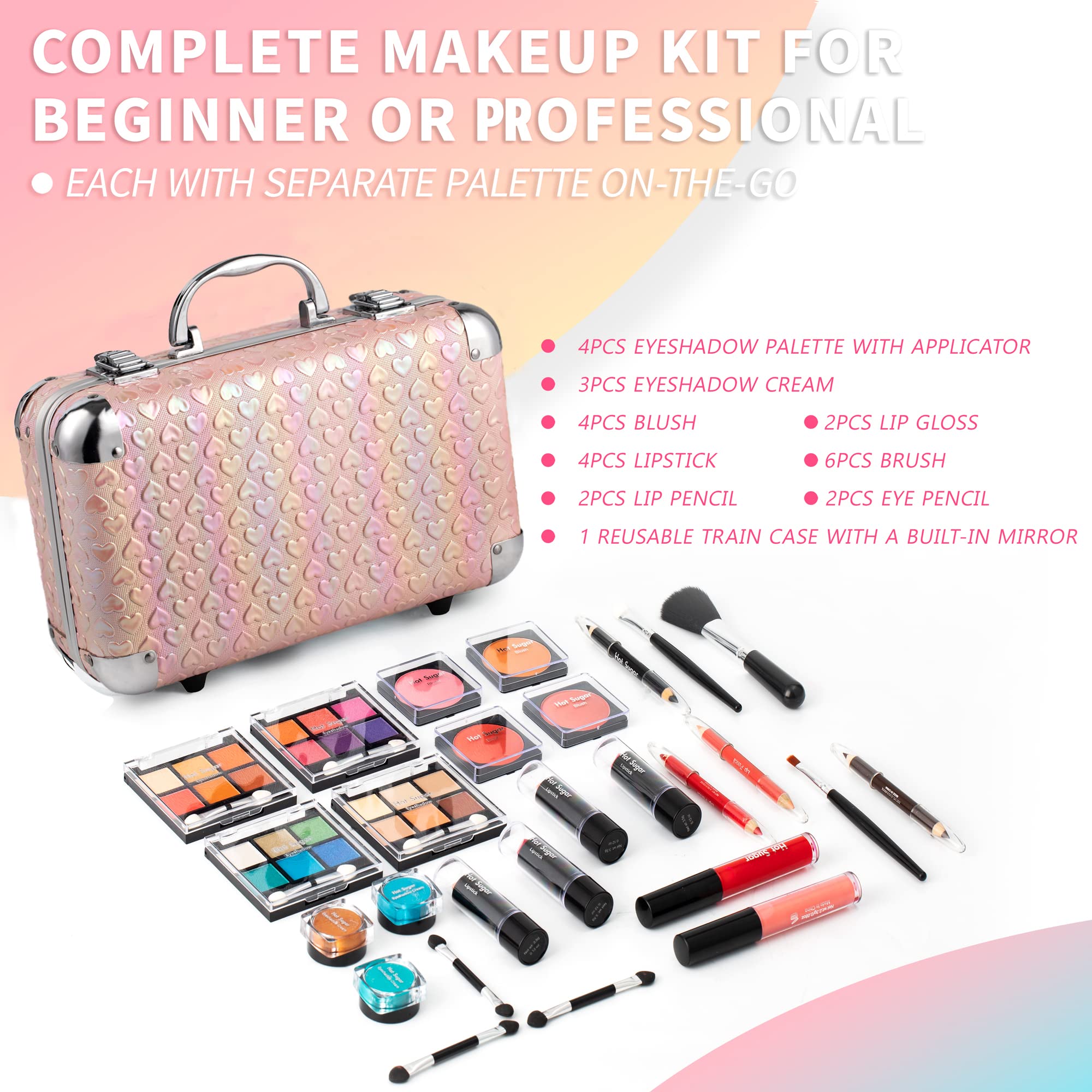 Hot Sugar All In One Makeup Set for Teen Girls - Full Makeup Kit for Beginners With Eye Shadow Palette, Blush, Lip Gloss, Brush, Mirror (Pink Heart)