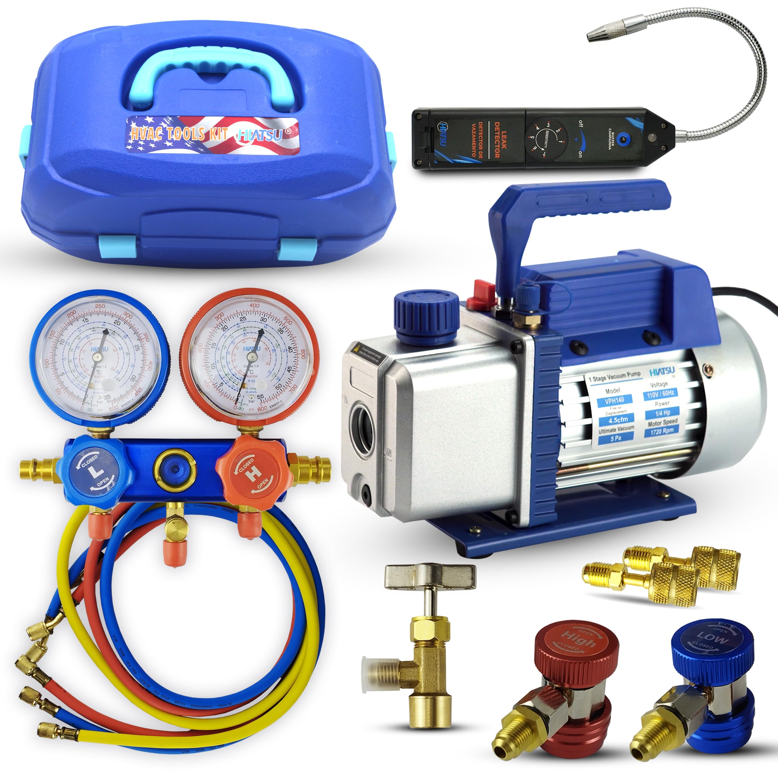 Hiatsu HVAC Vacuum Pump Kit: 4.5CFM Air Pump, AC Vacuum Pump and Gauge Set with R134 Can Tap Valve and Leak Detector; AC Vacuum Pump and Gauges in Heavy Duty Case Refrigeration Tools