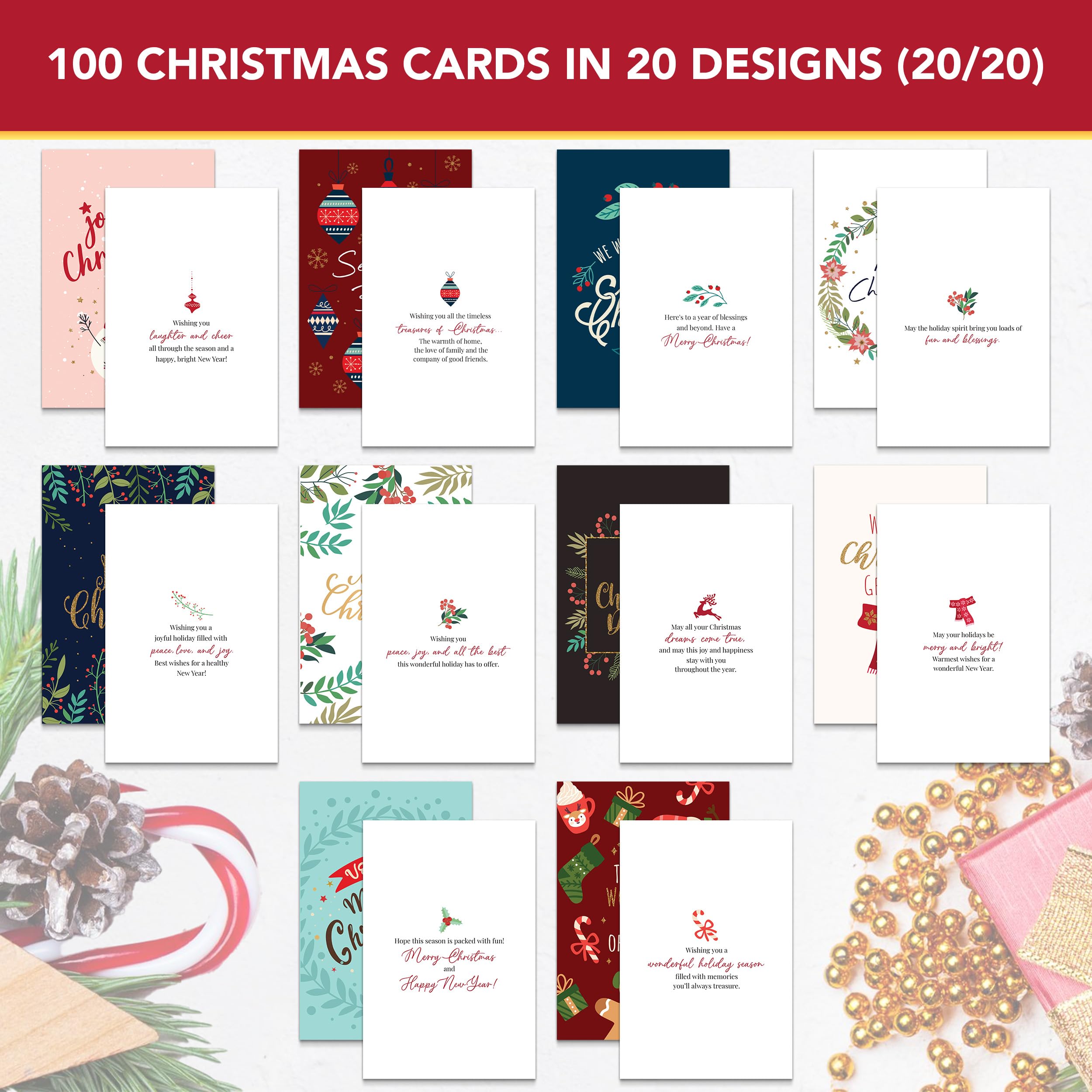 Decorably 100 Pack Foiled & Glittery Assorted Christmas Cards with Envelopes & Stickers, 20 Designs Printed Message Inside Holiday Cards Bulk with Envelopes, 4x6in Bulk Christmas Cards with Envelopes