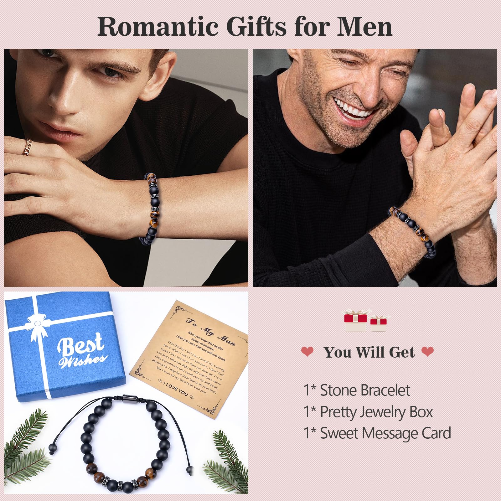 Inngeroo Birthday Gifts for Men Bracelets for Men Mens Gifts Mens Bracelet Valentines Day Gifts for Him Boyfriend Natural Stone for Husband, black