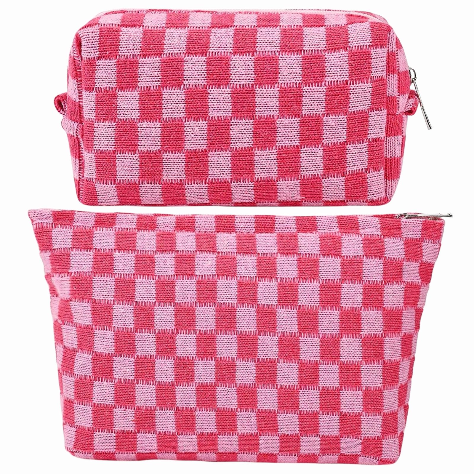 GUTGNK 2-Pack Makeup Bag For Women - Large Checkered Knitted Cosmetic Bags&Small Makeup Pouch Aesthetic Design Travel Toiletry Bag Skincare Bag Car Storage Bag With Zipper(Pink)