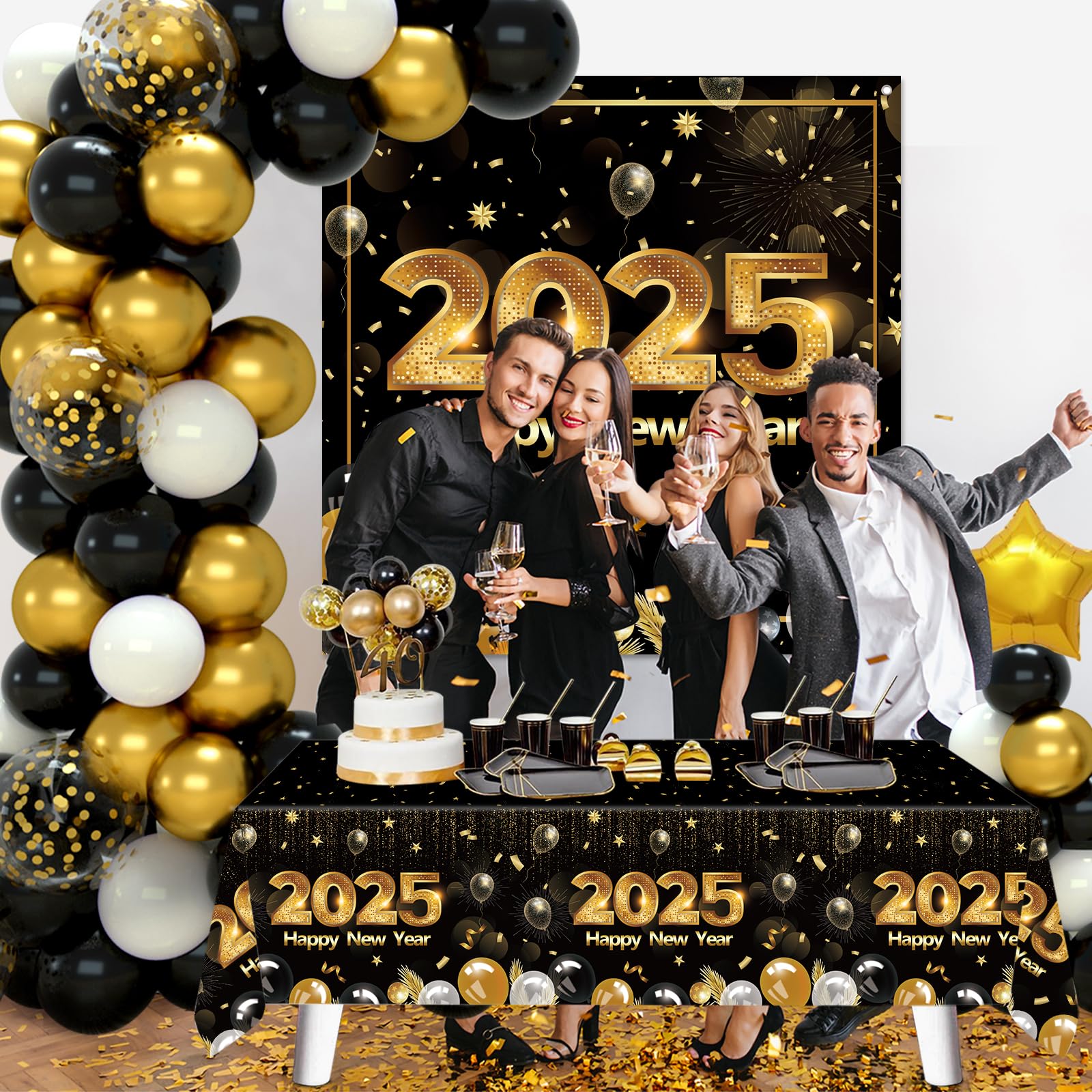 Happy New Years Eve Party Supplies 2025 - New Years Decorations Black and Gold Confetti Balloon Garland Arch Kit Happy New Year Backdrop Tablecloth for New Year Party Anniversary Retirement Graduation