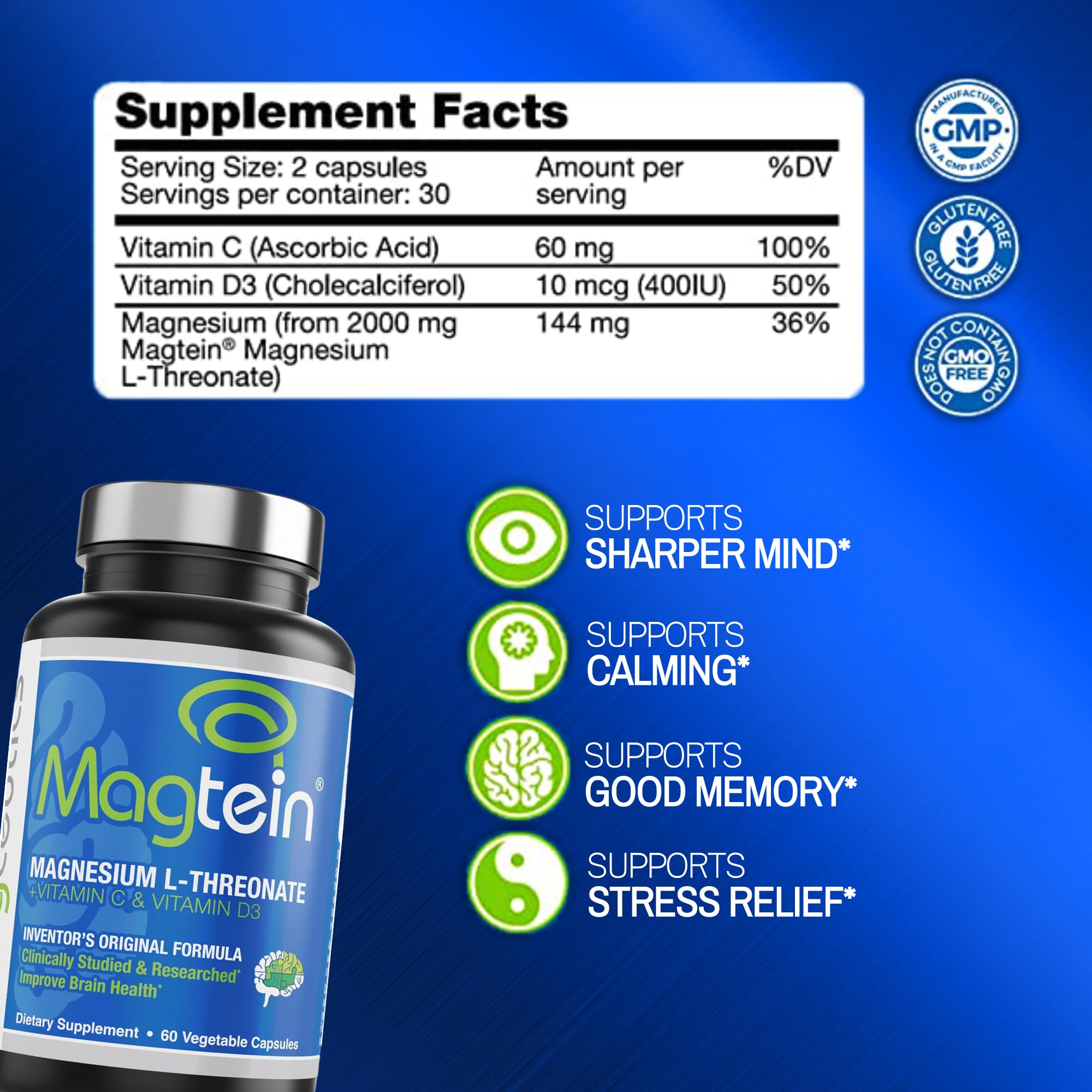 Magtein Magnesium L-Threonate, Improve Brain Health, Memory, Cognition, Stress Relief and Sleep Quality - 60 Veg Capsules (30 Days Supply)