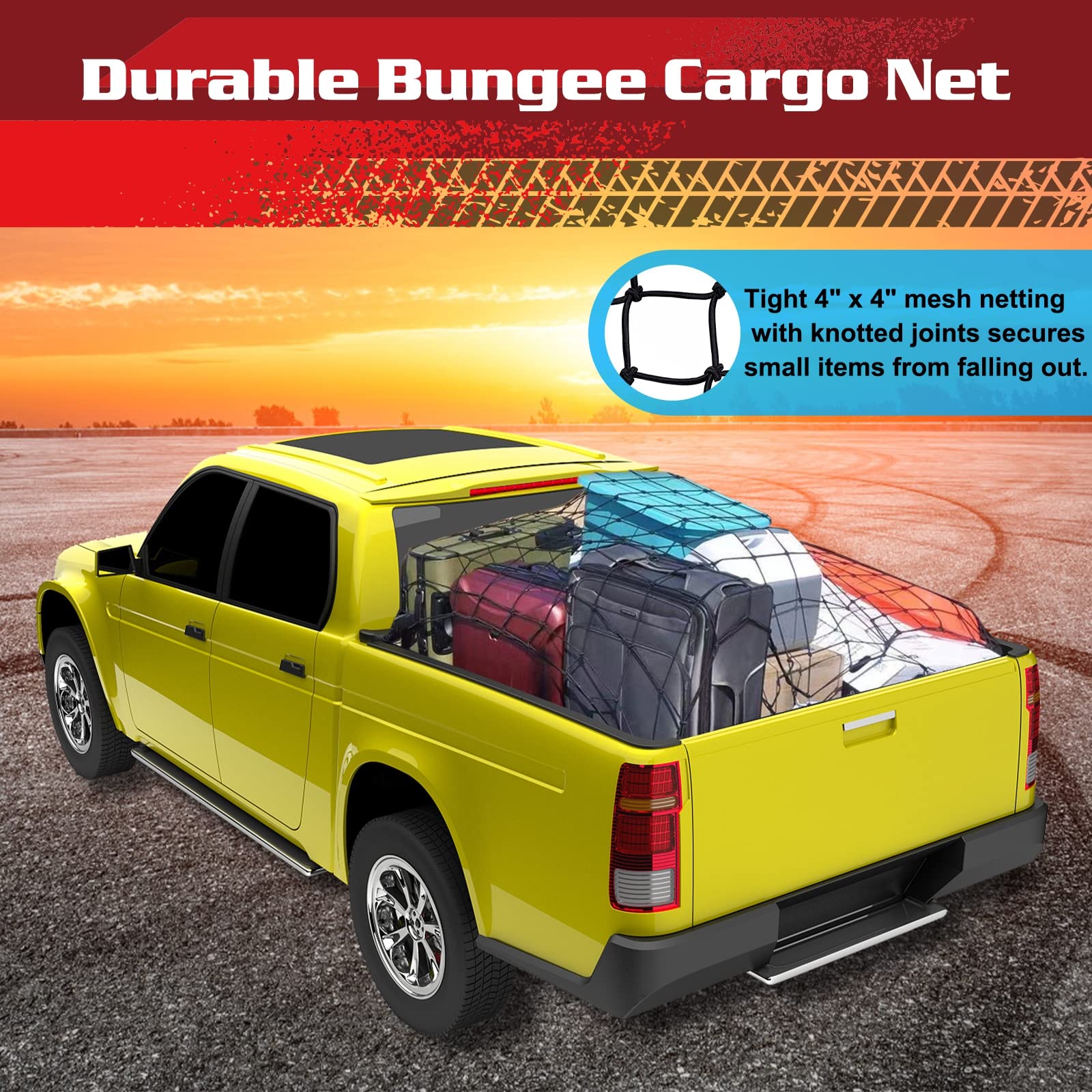 ANALIM Cargo Net for Pickup Truck Bed, 4' x 6' Stretches to 8' x 12' Heavy Duty Bungee Cargo Net with 12 Pcs Metal Carabiner Clips, Tie-Down Mesh Cord Net for Trailer Luggage