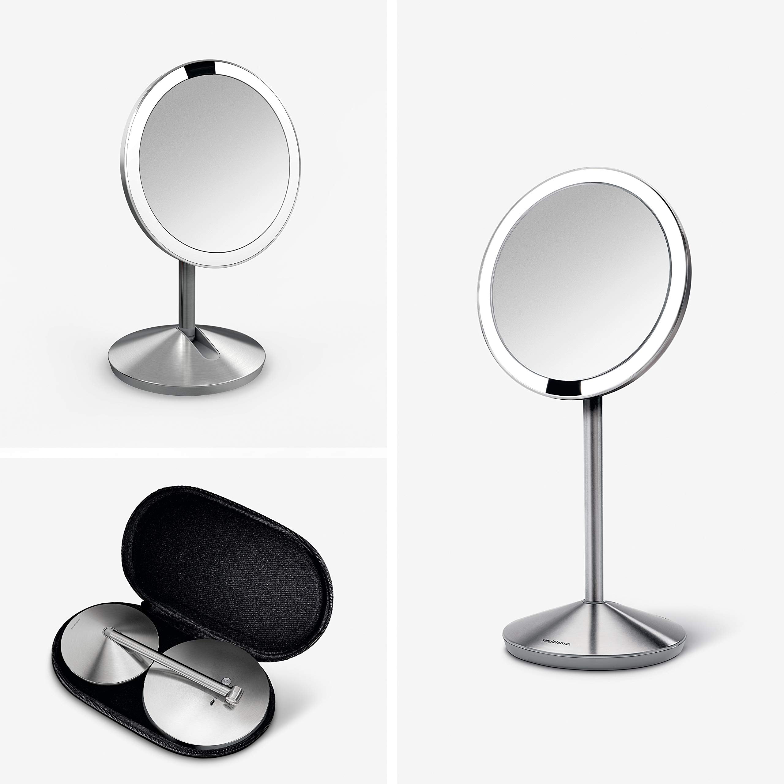 simplehuman Sensor Mirror, 5" Round Rechargeable Mini Travel Makeup Mirror, 10x Magnification, Brushed Stainless Steel